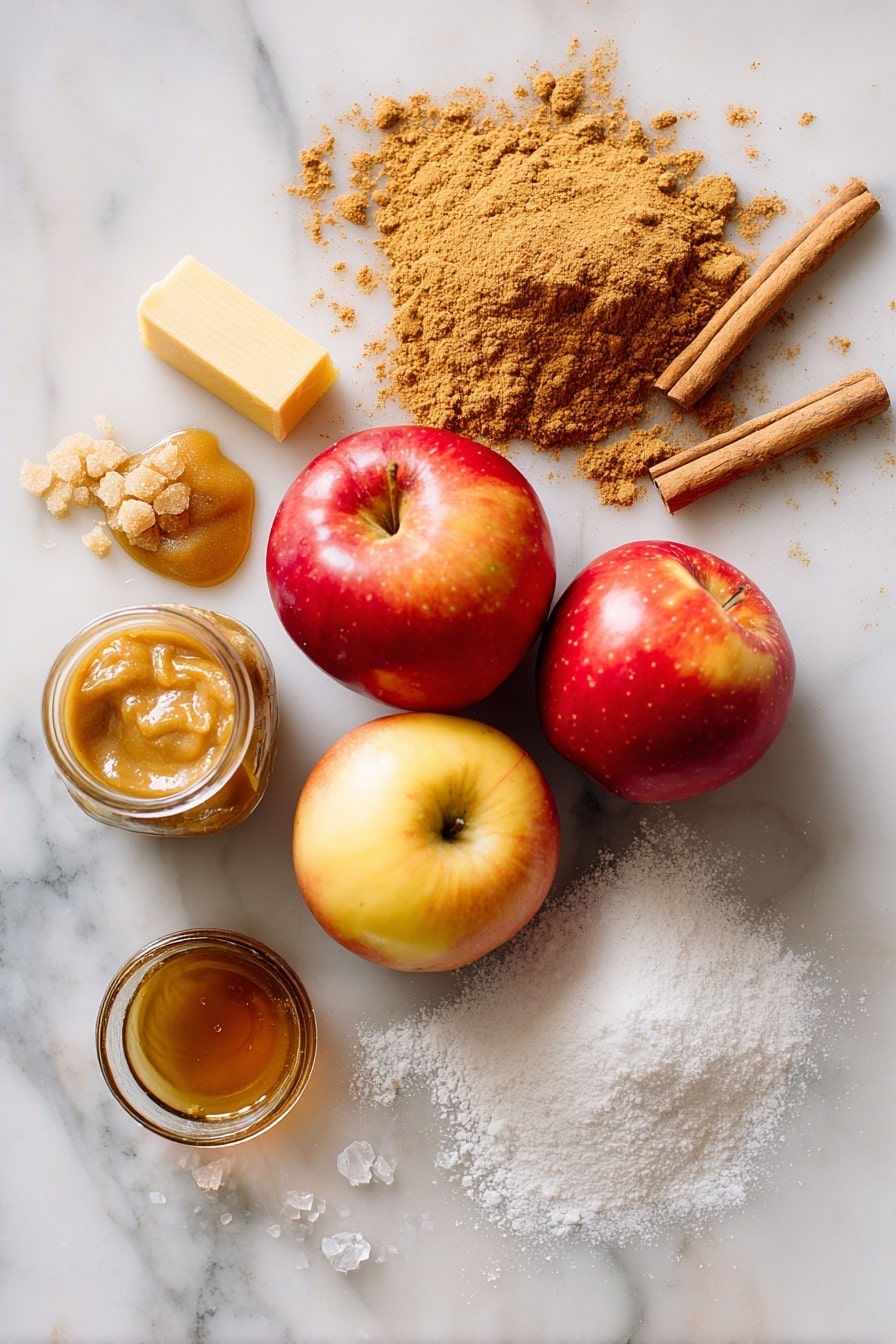 Flat lay of two bright Honeycrisp apples, a small mound of golden brown sugar, a stick of melted salted butter glistening, a dollop of creamy apple butter, a small jar of vanilla extract with a tiny spill, a heap of warm cinnamon powder, smooth white powdered sugar scattered lightly, and a few flakes of coarse sea salt crystals, all beautifully arranged on a white marble surface, photo taken with an iphone --ar 2:3 --v 7 - Glazed Honeycrisp Apple Fritter Cake, apple fritter cake recipe, easy apple cake with glaze, fall dessert recipes, homemade apple cake