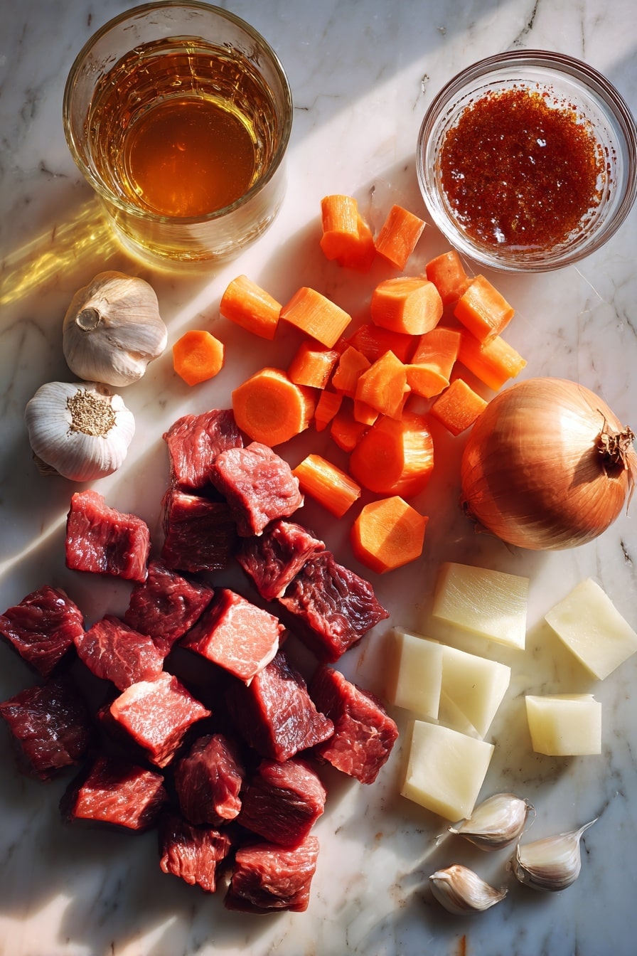 Flat lay of succulent raw beef cubes, vibrant peeled and chopped carrots, rustic swede chunks, a whole golden brown onion, several peeled garlic cloves, a small pile of deep red tomato puree, a few beef stock cubes, and a glass of amber beer, all beautifully arranged with natural lighting, placed on a white marble surface, photo taken with an iphone --ar 2:3 --v 7 - Slow Cooker Beef Stew with Rich Gravy, hearty beef stew, easy slow cooker beef recipe, comforting beef stew, savory beef stew with vegetables