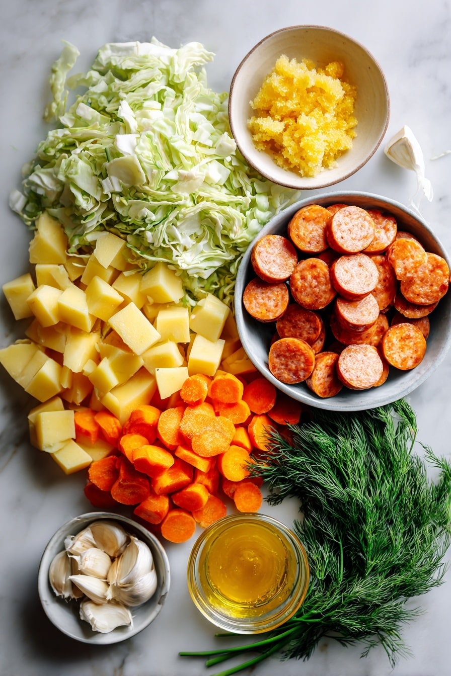 Flat lay of sliced kielbasa sausage rounds, bright orange carrot slices, cubed Yukon Gold potatoes, shredded green cabbage, diced yellow onion, minced garlic cloves, fresh dill sprigs, and a small pat of golden ghee beautifully arranged on a white marble surface, photo taken with an iphone --ar 2:3 --v 7 - Kielbasa and Cabbage Soup, hearty sausage and cabbage soup, quick comfort food recipes, easy Polish cabbage soup, flavorful sausage and potato soup
