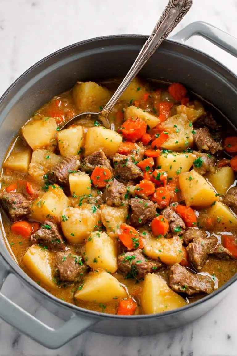 Hearty Oven-Braised Lamb Stew with Potatoes, Carrots, and Mushrooms Recipe