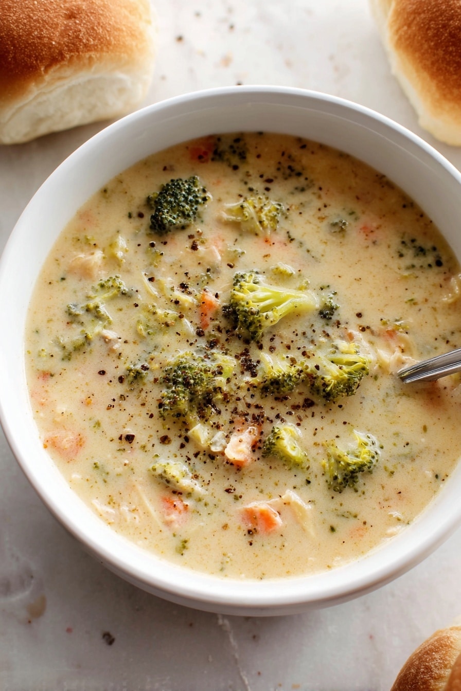 A white bowl filled with creamy soup, showing small green broccoli pieces, orange carrot bits, and tiny shreds of light-colored meat mixed in a thick light beige broth, all topped with a sprinkle of black pepper. The bowl sits on a white marbled surface with two soft bread rolls nearby, one partially visible at the top right and another near the bottom right edge. The texture of the soup looks smooth yet chunky with visible small vegetable and meat pieces. Photo taken with an iphone --ar 2:3 --v 7 - Creamy Chicken and Broccoli Soup, healthy chicken broccoli soup, easy creamy chicken soup, comforting chicken and broccoli dish, quick and nutritious soup
