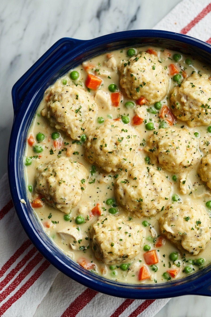 A blue ceramic dish filled with a creamy stew containing small orange carrot pieces, green peas, and light tan chunks of cooked meat, topped evenly with eight round, rough-textured dumplings that are light beige with specks of herbs. The stew is thick and speckled with black pepper and green herbs, surrounding each dumpling. The dish sits on a white cloth with red stripes, placed on a white marbled surface. photo taken with an iphone --ar 2:3 --v 7 - Turkey and Biscuits Casserole with Lemon and Dill, easy turkey casserole, leftover turkey recipes, lemon dill chicken casserole, comforting holiday casserole