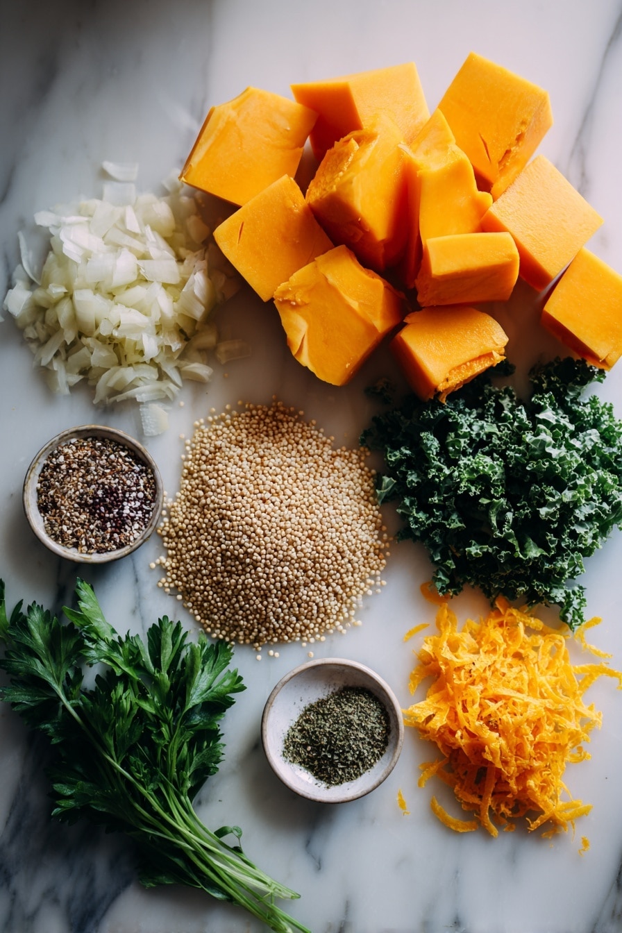 Flat lay of vibrant cubed butternut squash, tender shredded rotisserie chicken, finely chopped yellow onion, minced garlic cloves, a scattering of uncooked quinoa grains, bright green chopped kale leaves, fresh flat-leaf parsley sprigs, small piles of dried oregano and ground cumin, and a few thin strips of orange zest, all beautifully arranged with natural light highlighting their textures and colors, placed on a white marble surface, photo taken with an iphone --ar 2:3 --v 7 - Fall Chicken Stew with Quinoa and Butternut Squash, hearty fall chicken stew, healthy chicken and butternut squash stew, comforting quinoa chicken dinner, easy autumn chicken recipe