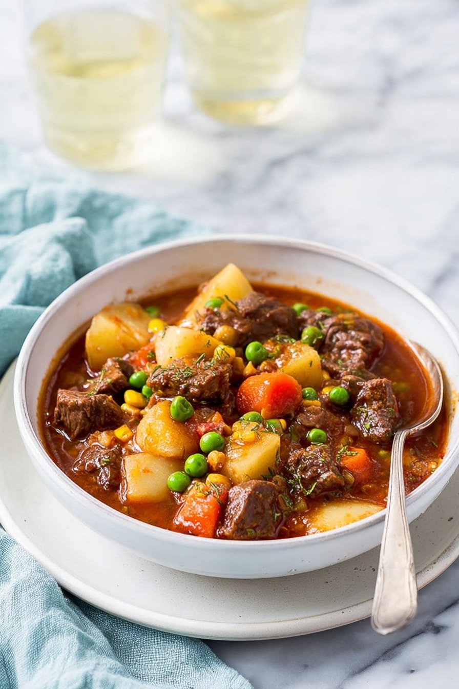 A white bowl filled with thick beef stew sits on a white marbled surface, with a white plate underneath. The stew has three main layers: the top layer is bright green peas scattered unevenly, followed by small, orange carrot cubes and corn kernels adding patches of yellow. The bottom layers include large brown beef chunks and pale cream potato pieces, all soaked in rich dark brown-red sauce. A silver spoon rests partially dipped in the stew on the right side of the bowl. In the blurred background, two clear glasses filled with a light yellow drink and a soft blue cloth are visible. Photo taken with an iphone --ar 2:3 --v 7 - Pressure Cooker Beef Stew, quick beef stew recipe, easy beef stew, hearty pressure cooker dinner, tender beef stew