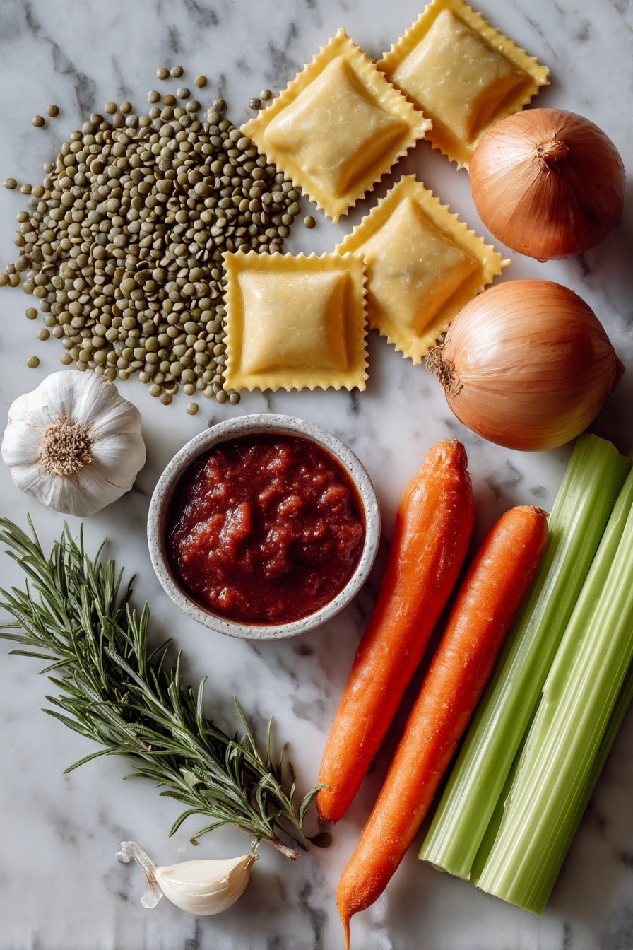 Flat lay of small green Umbrian lentils, uncooked sagnarelli pasta, a whole peeled onion, two bright orange carrots, two crisp celery stalks, two garlic cloves, fresh green rosemary sprig, and a small dish of deep red tomato concentrate, all beautifully arranged on a white marble surface, photo taken with an iphone --ar 2:3 --v 7 - Umbrian Lentil Soup with Pasta, Umbrian Lentil Soup, Italian Lentil Soup, hearty lentil and pasta soup, traditional Italian lentil dish