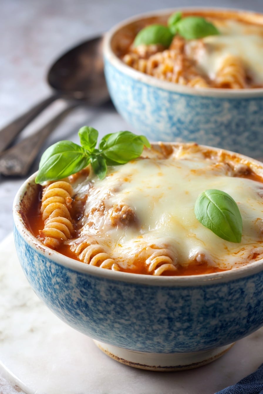 Two white bowls with blue patterns hold a layered baked pasta dish. The first layer is a red tomato sauce with visible spiral pasta and chunks of light brown meat. On top is a thick, pale melted cheese layer with spots of golden brown from baking. Each bowl is garnished with two bright green fresh basil leaves near the edge. The bowls are placed on a white marbled textured surface with two metal spoons blurred in the background. photo taken with an iphone --ar 2:3 --v 7 - Slow Cooker Chicken Parmesan Soup, Italian chicken soup, easy chicken Parmesan, Italian comfort food, hearty slow cooker soup