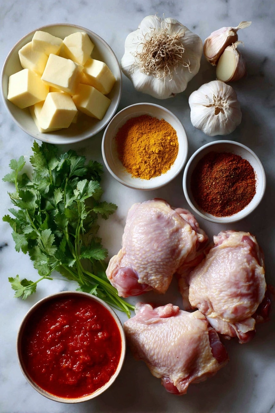 Flat lay of fresh garlic cloves, grated ginger, vibrant red tomato sauce, warm golden turmeric powder, deep red smoked paprika, rich brown garam masala, creamy cubes of unsalted butter, tender raw chicken thighs, and bright green fresh cilantro leaves, all beautifully arranged on a white marble surface, photo taken with an iphone --ar 2:3 --v 7 - Slow Cooker Butter Chicken, Indian Butter Chicken, Easy Slow Cooker Dinner, Creamy Chicken Curry, Make-Ahead Indian Chicken