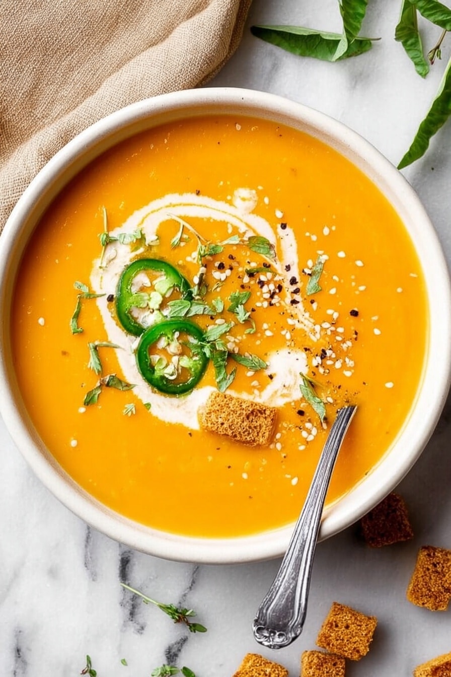 A bowl of bright orange soup fills the white bowl, with creamy white swirls on top. There are three slices of fresh green jalapeño peppers placed near the center, along with small green herb leaves scattered nearby. A few small brown croutons sit on one side, with light sesame seeds sprinkled around. A silver spoon rests in the bowl near the bottom right edge. The bowl is placed on a white marbled surface with a beige cloth and green leaves visible near the top edge of the image. photo taken with an iphone --ar 2:3 --v 7 - Creamy Pumpkin Curry Soup, pumpkin curry soup, easy pumpkin soup, healthy pumpkin soup, comforting fall soups