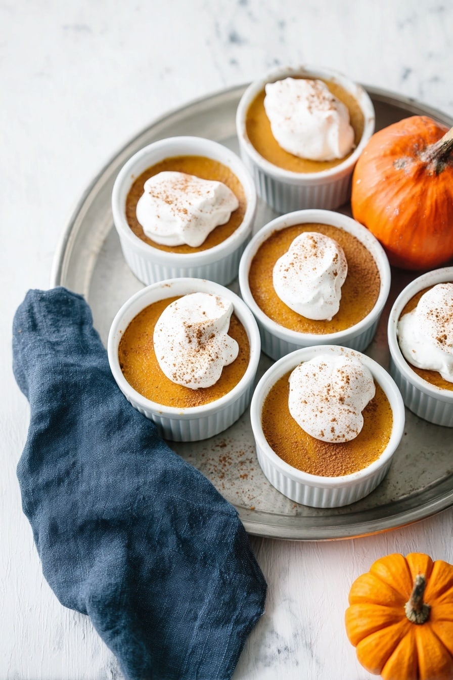 There are five white ramekins filled with a smooth orange pumpkin dessert, each topped with a dollop of white whipped cream sprinkled with brown cinnamon powder. They are arranged on a round silver tray set on a white marbled surface. To the right of the ramekins, there is a small orange pumpkin and a dark blue cloth casually placed on the tray. The scene is bright and simple, with the colors of orange, white, silver, and blue creating a cozy autumn feel. photo taken with an iphone --ar 2:3 --v 7 - Creamy Pumpkin Egg Custard, pumpkin custard dessert, fall pumpkin pudding, seasonal pumpkin custard, easy pumpkin custard recipe