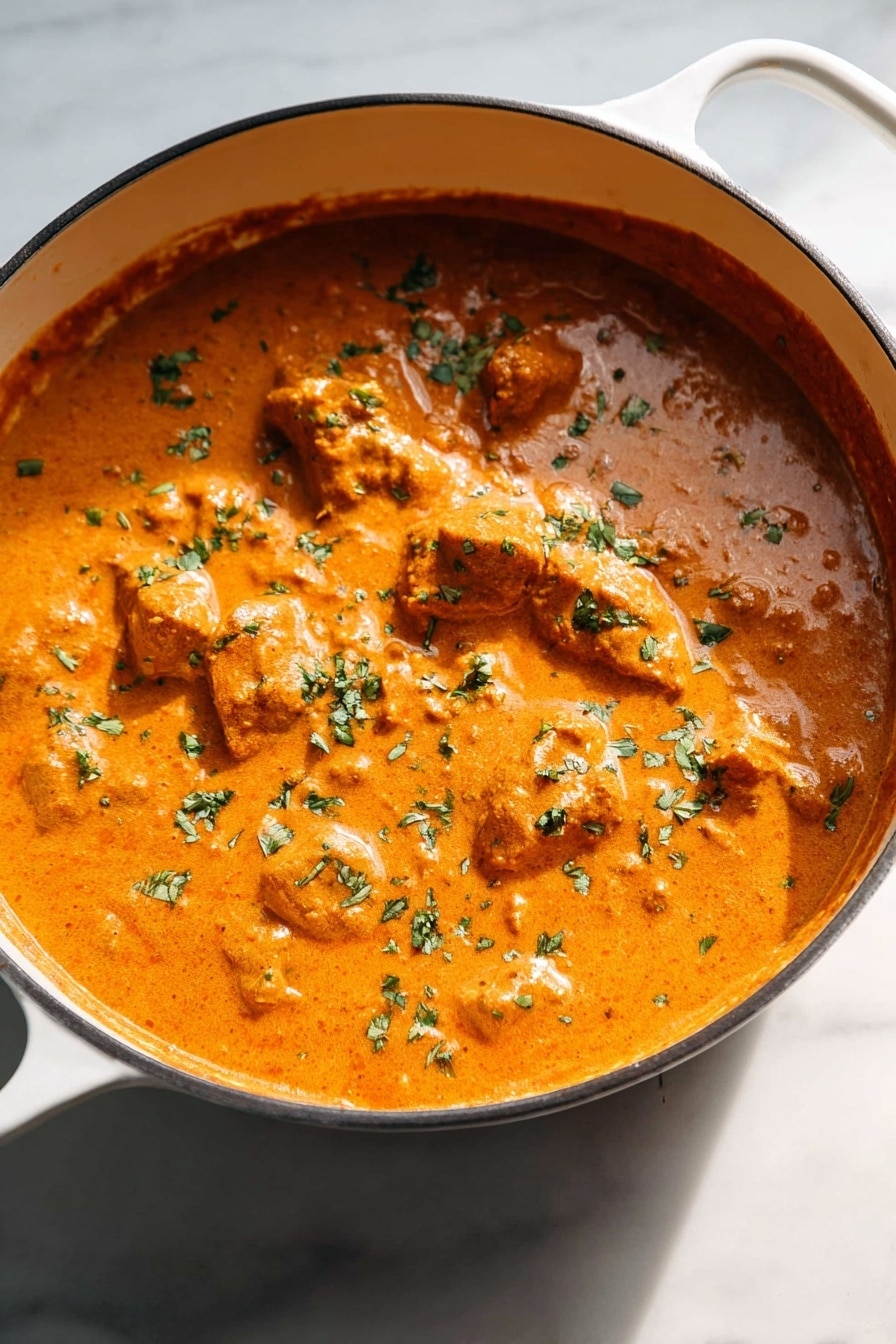 A white pot filled with a thick, creamy orange curry sauce with chunks of meat covered in the sauce. The surface has small green herb pieces sprinkled evenly on top. The pot is placed on a white marbled surface, with the sauce texture smooth and slightly glossy, showing some small lumps and pieces of food inside. The white pot handle is visible in the corner, and the lighting is bright and natural, highlighting the rich colors of the curry photo taken with an iphone --ar 2:3 --v 7 - Finger Lickin' Butter Chicken Murgh Makhani, Indian butter chicken recipe, creamy chicken curry, authentic Indian chicken recipes, easy dinner ideas
