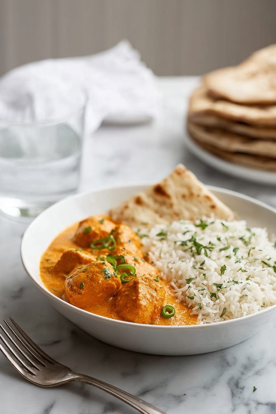 A shallow white bowl holds two main parts: on the left, several orange curry pieces covered in a creamy sauce with a smooth, thick texture, dotted with thin slices of green chili and small green herbs; on the right, a mound of fluffy white rice with a light sprinkling of green herbs. A piece of flatbread rests on the edge between the rice and curry. The bowl is placed on a white marbled surface, with a silver fork in front of it and a glass of water slightly blurred in the background. Stacks of brown flatbreads and a white cloth are softly out of focus behind the bowl. Photo taken with an iphone --ar 2:3 --v 7 - Finger Lickin' Butter Chicken Murgh Makhani, Indian butter chicken recipe, creamy chicken curry, authentic Indian chicken recipes, easy dinner ideas