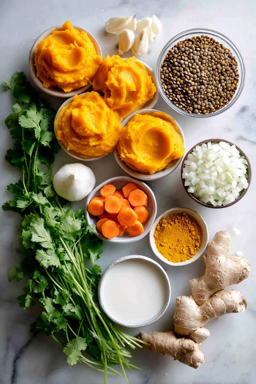 Flat lay of bright orange pumpkin puree dollops, vibrant green fresh cilantro leaves, a cluster of whole brown lentils, fresh sliced rounds of bright orange carrot, peeled white garlic cloves, a small mound of warm yellow curry powder, a piece of fresh ginger root with its knobby texture, a white diced onion pile, and a small bowl of creamy coconut milk, all beautifully arranged with natural light and soft shadows, placed on a white marble surface, photo taken with an iphone --ar 2:3 --v 7 - Vegan Curried Pumpkin Lentil Soup, vegan pumpkin lentil soup, hearty vegan soup, healthy pumpkin soup, simple vegan lentil recipes