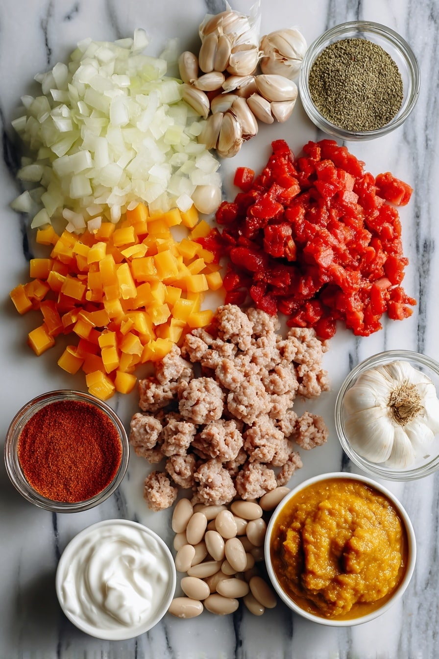 Flat lay of diced yellow onion, bright orange bell pepper pieces, whole garlic cloves, ground turkey raw and fresh, glossy white cannellini beans, vibrant fire-roasted diced tomatoes in rich red hues, smooth pumpkin puree dollops, and a small pile of creamy sour cream, all beautifully arranged with a sprinkle of chili powder and ground cumin nearby, placed on a white marble surface, photo taken with an iphone --ar 2:3 --v 7 - Turkey Pumpkin Chili, healthy turkey chili, pumpkin chili recipe, hearty fall chili, easy pumpkin chili