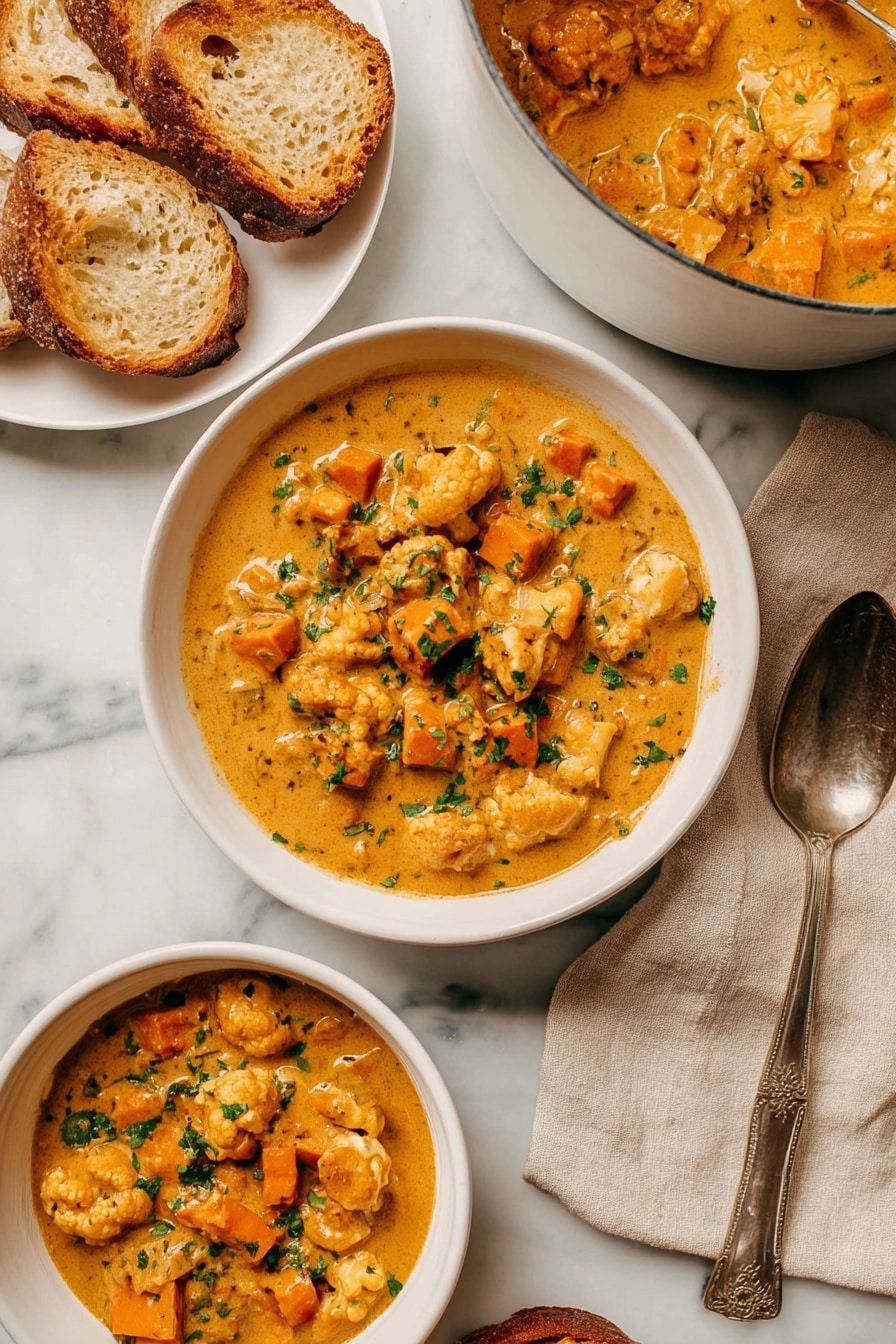 The image shows a thick, creamy stew with chunks of orange sweet potatoes, off-white cauliflower florets, and small green chopped herbs on top, all mixed in a rich golden-orange sauce. There are two white bowls filled with the stew, one in the center and one at the bottom left corner, both showing the same stew texture with visible pieces of vegetables. Near the center bowl, on the right side, a silver spoon rests on a beige cloth napkin placed on a white marbled surface. On the upper left corner, two slices of toasted bread sit on a white plate. A larger white pot filled with more stew is partially visible in the top right corner. The photo is taken with an iphone --ar 2:3 --v 7 - Creamy Cauliflower & Sweet Potato Chowder, vegan cauliflower soup, healthy sweet potato soup, comforting veggie chowder, gluten-free vegetable soup