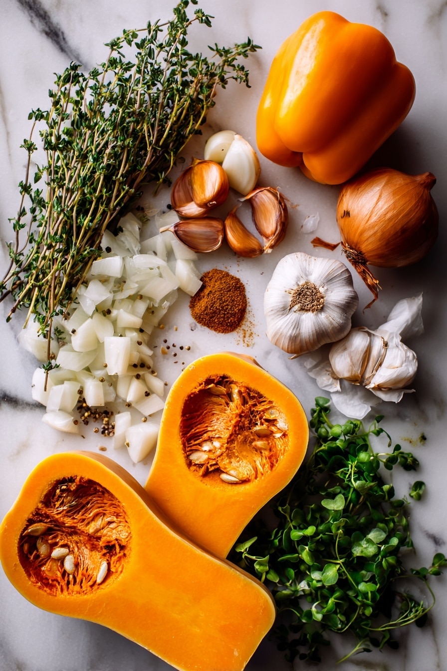 Flat lay of halved roasted butternut squash with vibrant orange flesh, a whole orange bell pepper, a peeled and chopped medium onion, several cloves of minced garlic, fresh thyme sprigs, dried cumin seeds, a small pile of ground nutmeg, handfuls of bright green parsley leaves and microgreens, all beautifully arranged with natural light highlighting their rich colors and textures, placed on a white marble surface, photo taken with an iphone --ar 2:3 --v 7 - Orange Shakshuka with Roasted Butternut Squash and Spiced Vegetables, healthy shakshuka recipes, comforting breakfast ideas, fall-inspired vegetarian dishes, flavorful vegetable shakshuka