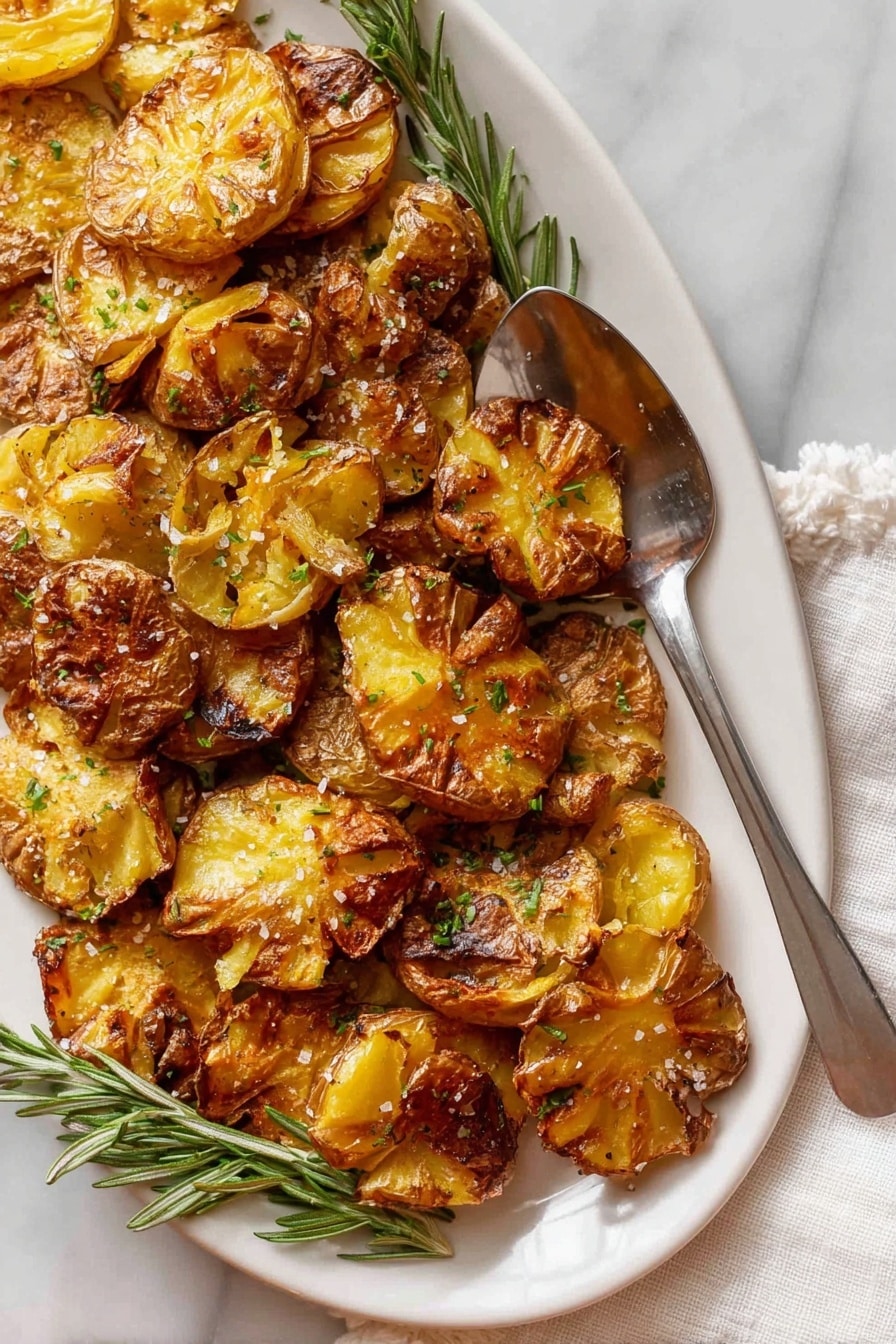 This image shows a white oval plate filled with smashed roasted potatoes, each piece golden brown with crispy edges and a slightly wrinkled texture. The potatoes are sprinkled with coarse salt and finely chopped green herbs, giving a fresh look. Some sprigs of fresh rosemary are placed among the potatoes for decoration. A silver spoon rests on the right side of the plate, partially placed on the potatoes. The plate is set on a white marbled surface, and a white cloth with small pompom edges is beside it. photo taken with an iphone --ar 2:3 --v 7 - Crispy Air Fryer Smashed Potatoes, air fryer smashed potatoes, crispy potato side dish, garlic smashed potatoes, crunchy air fryer potatoes