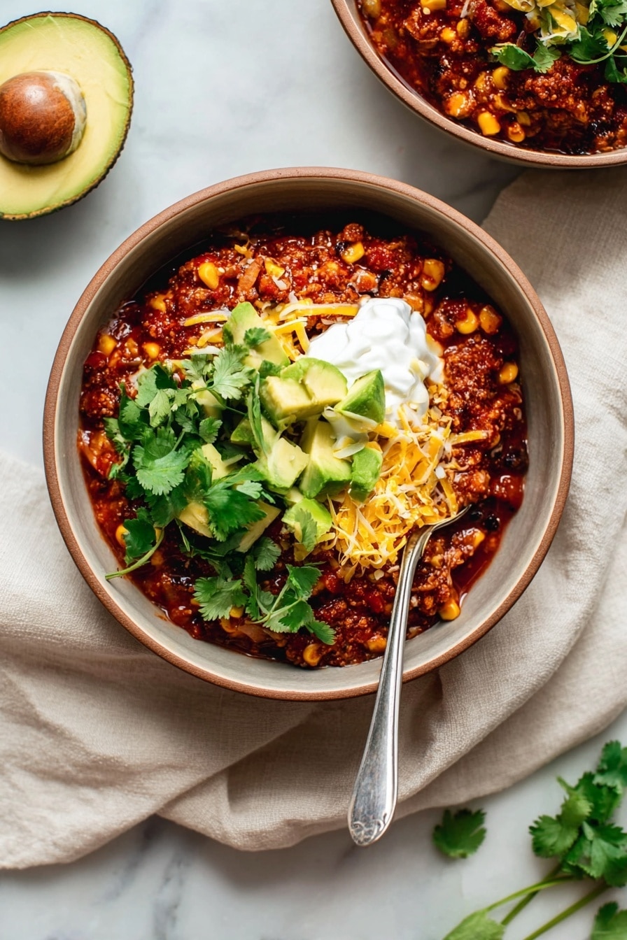 The dish is presented in a round bowl with a brown rim, filled with a thick, reddish-brown chili mixture containing visible corn kernels and black beans. On top, there are bright yellow shredded cheese and chunky green avocado pieces layered with fresh green cilantro leaves. A dollop of white sour cream sits near the avocado. A silver spoon rests inside the bowl, placed on the right side on a white marbled surface with a light beige cloth partially visible underneath. Part of another identical bowl is seen in the top right corner, and a halved avocado is placed on the left side. The photo taken with an iphone --ar 2:3 --v 7 - Slow Cooker Vegan Bean & Quinoa Chili, vegan chili, healthy vegan dinner, hearty plant-based chili, easy vegan slow cooker meal