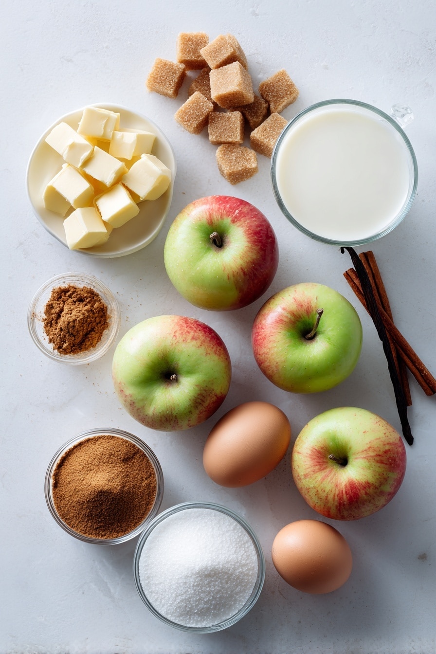 Flat lay of diced fresh apples with pale red and green skin, light brown sugar crystals, granulated white sugar, a small heap of ground cinnamon powder, cubes of unsalted butter in soft yellow, whole eggs with smooth brown shells, a small glass of creamy whole milk, and a vanilla bean pod, all beautifully arranged in a balanced composition placed on a white marble surface, photo taken with an iphone --ar 2:3 --v 7 - Apple Cinnamon Muffins, Apple Cinnamon Muffins Recipe, Easy Apple Muffins, Fall Muffins, Moist Cinnamon Muffins