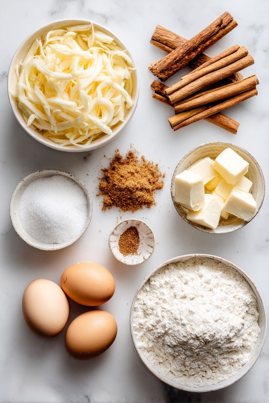 Flat lay of peeled shredded apple, cinnamon sticks, ground cinnamon powder sprinkled artistically, granulated sugar crystals, small cubes of frozen unsalted butter, whole large egg, a bowl of heavy cream with a smooth surface, and a mound of all-purpose flour, all beautifully arranged with soft natural light and warm tones, placed on a white marble surface, photo taken with an iphone --ar 2:3 --v 7 - Apple Scones, Easy Apple Scones, Homemade Apple Scones, Cinnamon Apple Scones, Fluffy Apple Scones