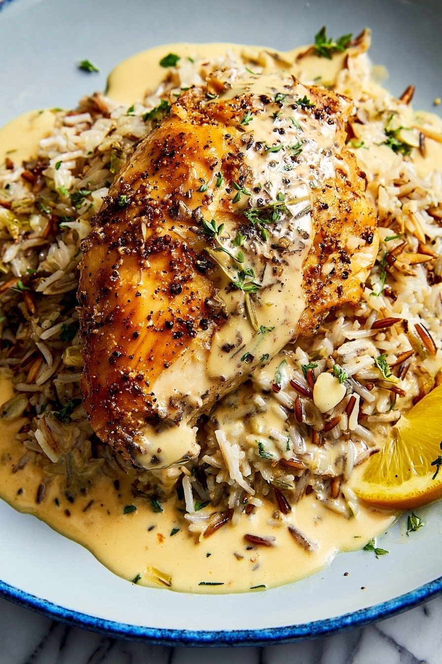 A golden brown cooked chicken piece with visible black pepper and herbs on top sits in the center of the image, half-covered by a creamy light beige sauce with small white chunks and green herb leaves. The chicken rests on a pile of mixed rice grains, showing both white and wild rice with a slightly glossy texture. A lemon slice is partially seen under the rice on the right side. The dish is served on a white plate against a white marbled background. Photo taken with an iphone --ar 2:3 --v 7 - Slow Cooker Creamy Lemon Herb Chicken, lemon herb chicken, slow cooker chicken recipes, creamy chicken dinner, easy lemon chicken