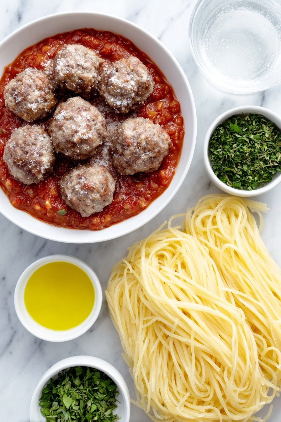 Flat lay of a simple white ceramic bowl filled with vibrant red spaghetti sauce, a few frozen meatballs with a frosty appearance, a small white bowl of clear water, a small white bowl with golden olive oil, a neat bundle of uncooked spaghetti noodles, and a small white bowl holding freshly chopped green herbs (basil, oregano, and parsley), all arranged in perfect symmetry and balanced proportions, placed on a clean white marble surface, soft natural light, photo taken with an iPhone, professional food photography style, fresh ingredients, white ceramic bowls, no bottles, no duplicates, no utensils, no packaging --ar 2:3 --v 7 --p awthu7i m7354615311229779997 - Easy Crock Pot Spaghetti with Meatballs, slow cooker spaghetti and meatballs, simple crockpot pasta dish, effortless comfort food, one-pot spaghetti recipe