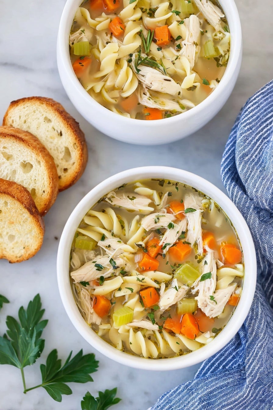 Two white bowls with three layers of chicken noodle soup sit on a white marbled surface. Each bowl shows a clear broth base with light yellow, curly egg noodles, white shredded chicken pieces, and bright orange carrot chunks floating on top. Small light green celery pieces and fresh green herbs like rosemary and parsley add flecks of color. A silver spoon rests inside the closer bowl. On the right side, there are three slices of bread stacked slightly on the white marbled surface. A blue and white striped cloth is partly visible near the front bowl. Photo taken with an iphone --ar 2:3 --v 7 - Crockpot Chicken Noodle Soup, slow cooker chicken noodle soup, easy chicken noodle soup, comforting crockpot soup, homemade chicken noodle soup