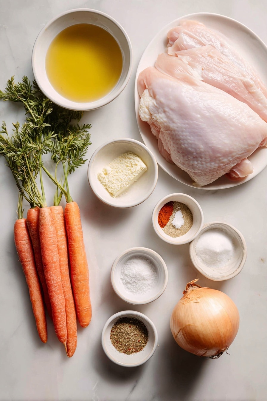 Flat lay of a whole raw boneless turkey breast with skin, a quartered medium yellow onion, two fresh medium carrots with leafy tops, a small white ceramic bowl filled with melted butter, a small white ceramic bowl of granulated garlic powder, a small white ceramic bowl of poultry seasoning blend, a small white ceramic bowl of paprika powder, and a small white ceramic bowl of kosher salt, all arranged symmetrically on a clean white marble surface, soft natural light, photo taken with an iPhone, professional food photography style, fresh ingredients, white ceramic bowls, no bottles, no duplicates, no utensils, no packaging --ar 2:3 --v 7 --p awthu7i m7354615311229779997 - Slow Cooker Turkey Breast, moist juicy turkey breast, easy slow cooker turkey recipe, set-and-forget turkey dinner, tender turkey breast