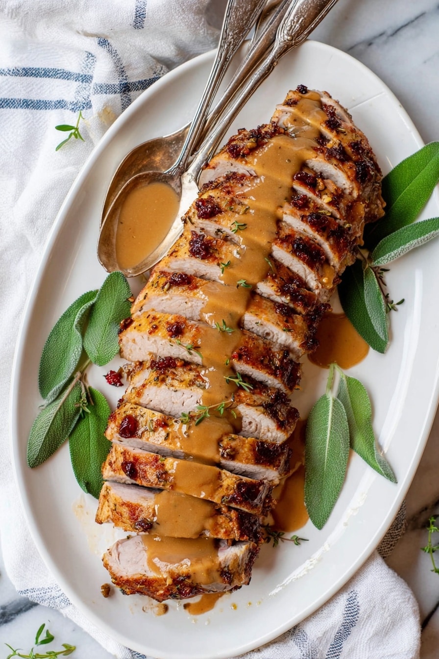 A long white oval plate holds a sliced roasted meat arranged in a single row, each slice showing a charred, browned crust with a tender, light inside. The meat is topped with a smooth, light brown sauce drizzled evenly along the slices. Fresh green leaves are laid under and around the meat for garnish. To the side, two vintage silver serving utensils rest on the plate. The plate is on a white marbled surface with a white cloth and a blue striped cloth nearby. Photo taken with an iphone --ar 2:3 --v 7 - Slow Cooker Turkey Breast, moist juicy turkey breast, easy slow cooker turkey recipe, set-and-forget turkey dinner, tender turkey breast