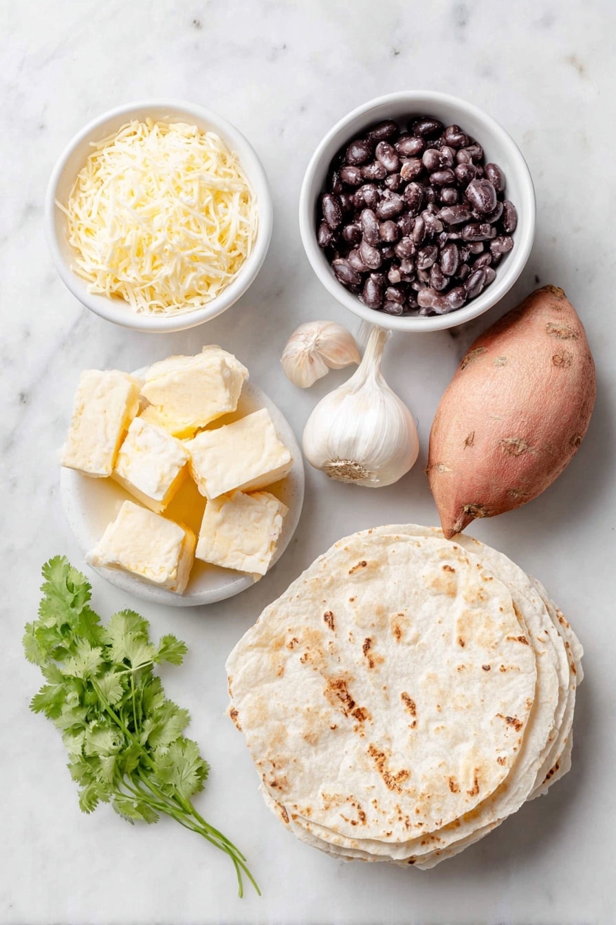 Flat lay of peeled sweet potato cubes, a small sweet onion whole, two cloves of garlic, a small white ceramic bowl of olive oil, a small white ceramic bowl of refried black beans, a small white ceramic bowl of coconut oil, a stack of corn tortillas, a small white ceramic bowl of shredded Monterrey Jack cheese, and a few sprigs of fresh cilantro placed on a clean white marble surface, soft natural light, photo taken with an iPhone, professional food photography style, fresh ingredients, white ceramic bowls, no bottles, no duplicates, no utensils, no packaging --ar 2:3 --v 7 --p awthu7i m7354615311229779997 - Black Bean Sweet Potato Tacos, healthy vegetarian tacos, easy weeknight dinner ideas, gluten-free taco recipes, flavorful plant-based tacos
