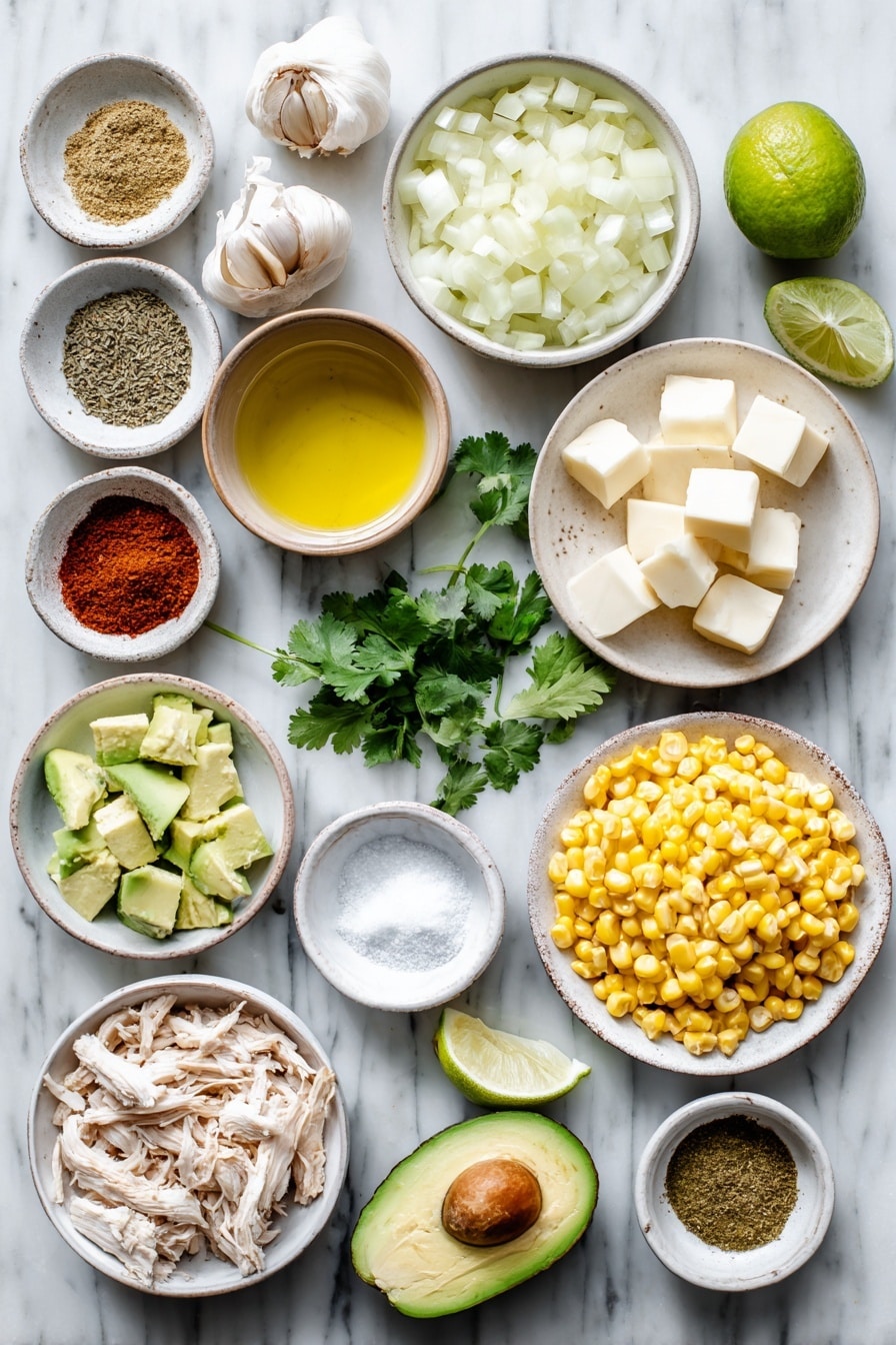 Flat lay of a small yellow onion diced in neat pieces, two whole cloves of garlic unpeeled, a small white ceramic bowl with golden olive oil, a small white ceramic bowl holding light green diced fresh green chilies, a small white ceramic bowl with ground cumin powder, another small white ceramic bowl with paprika powder, a small white ceramic bowl containing dried oregano leaves, a small white ceramic bowl filled with ground coriander, a small white ceramic bowl with cayenne pepper, a small white ceramic bowl of salt, a small white ceramic bowl of freshly ground black pepper, a small white ceramic bowl with cubed Neufchatel cheese, fresh bright yellow corn kernels in a small white ceramic bowl, whole fresh cannellini beans rinsed and drained in a small white ceramic bowl, shredded cooked chicken arranged plainly on a white ceramic plate, a small white ceramic bowl with fresh lime wedges, and a small bunch of fresh cilantro sprigs arranged organically on a white ceramic plate — all placed on a clean white marble surface, soft natural light, photo taken with an iPhone, professional food photography style, fresh ingredients, white ceramic bowls, no bottles, no duplicates, no utensils, no packaging --ar 2:3 --v 7 --p awthu7i m7354615311229779997 - White Chicken Chili, Best White Chicken Chili, Creamy White Chicken Chili, Easy White Chicken Chili Recipe, Healthy White Chicken Chili