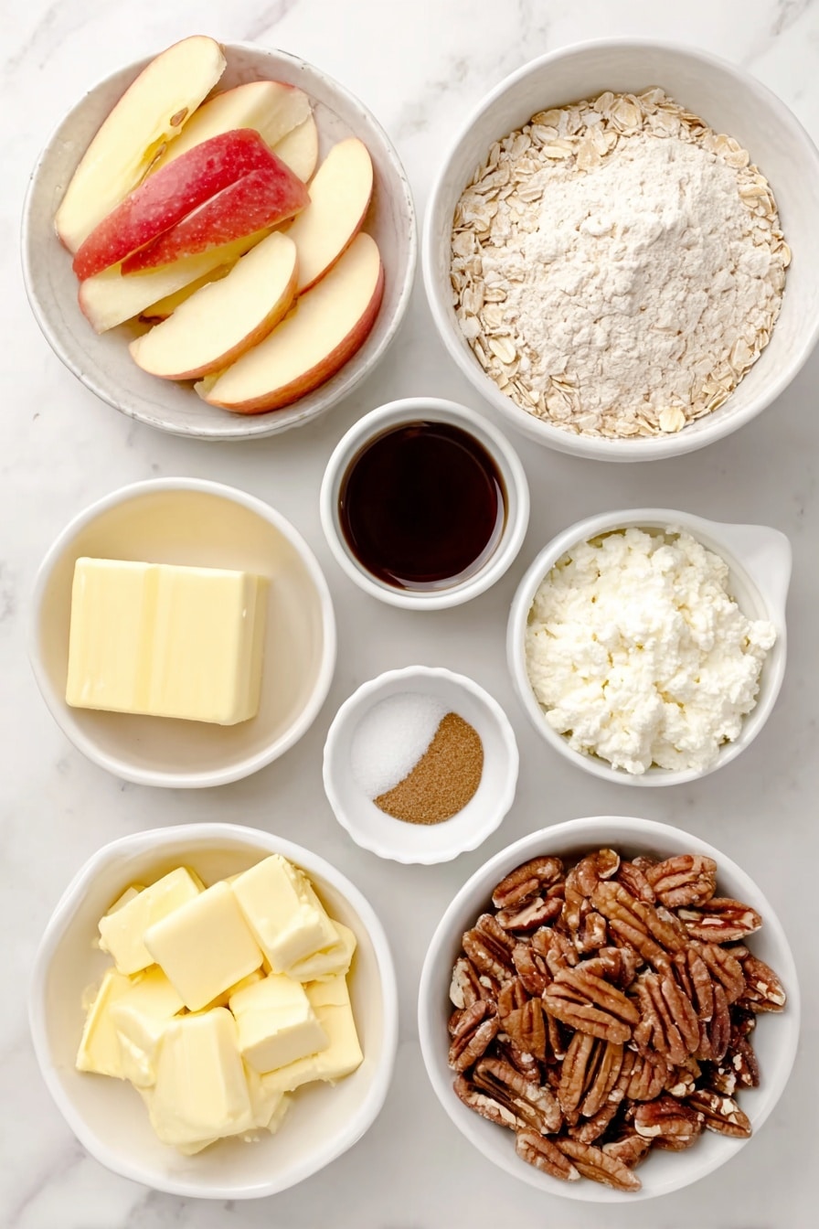 Flat lay of fresh medium Honeycrisp apples, peeled, cored, and thinly sliced arranged neatly, a small white ceramic bowl of whole wheat pastry flour, a small white ceramic bowl filled with old fashioned rolled oats, a small white ceramic bowl with dark brown sugar, raw chopped pecans scattered in a small white ceramic bowl, small white ceramic bowls containing ground cinnamon and salt, small white ceramic bowl with cold butter cubes, a small white ceramic bowl holding pure maple syrup, a small white ceramic bowl with a pinch of nutmeg, a small white ceramic bowl with bourbon, all ingredients fresh and natural, arranged in perfect symmetry on a clean white marble surface, soft natural light, photo taken with an iPhone, professional food photography style, fresh ingredients, white ceramic bowls, no bottles, no duplicates, no utensils, no packaging --ar 2:3 --v 7 --p awthu7i m7354615311229779997 - Healthy Apple Crisp with Oat Pecan Topping, healthy apple crisp recipes, nutritious apple crisp dessert, wholesome apple crisp dessert, easy healthy apple crisp