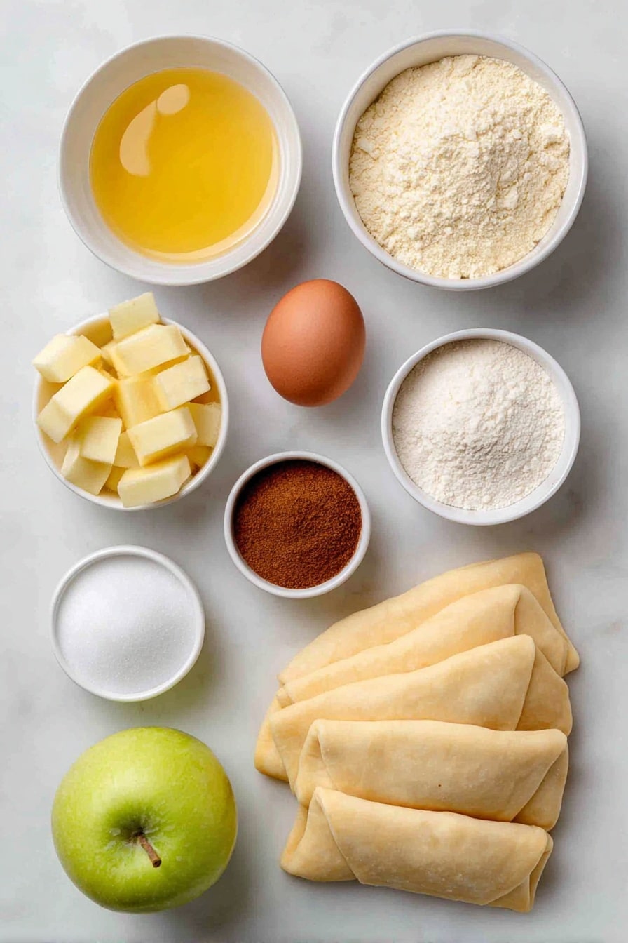 Flat lay of a whole firm Granny Smith apple, peeled and sliced into eight crisp pieces, eight triangular pieces of unbaked crescent roll dough neatly arranged in a fan shape, a small white ceramic bowl filled with melted golden butter, a small white ceramic bowl heaped with granulated white sugar, a small white ceramic bowl containing warm brown ground cinnamon, a small white ceramic bowl with a light mound of pale all-purpose flour, a whole clean uncracked brown egg placed near the center, and a small white ceramic bowl filled with clear, sparkling Sprite, all items perfectly spaced with balanced symmetry, placed on a clean white marble surface, soft natural light, photo taken with an iPhone, professional food photography style, fresh ingredients, white ceramic bowls, no bottles, no duplicates, no utensils, no packaging --ar 2:3 --v 7 --p awthu7i m7354615311229779997 - Apple Dumplings with Cinnamon and Sprite, apple cinnamon dessert, easy baked apple dumplings, fall dessert recipes, cinnamon apple treats