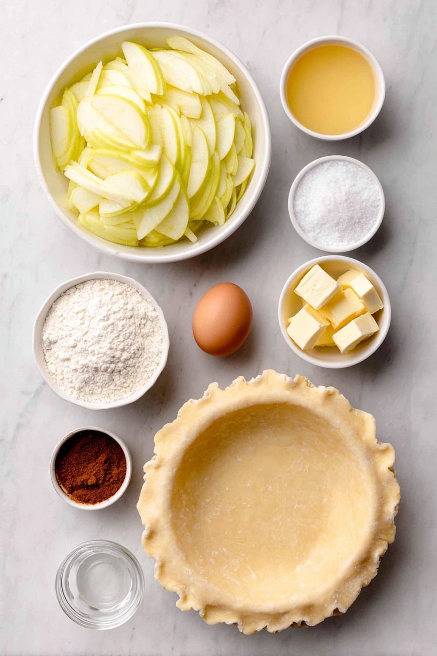 Flat lay of a small stack of rolled-out double pie crust dough circles, a large white ceramic bowl filled with thinly sliced green Granny Smith apples, a small white bowl of ground cinnamon, a small white bowl with cubes of unsalted butter, a small white bowl of all-purpose flour, a small white bowl of granulated sugar, a small white bowl of clear water, and one whole uncracked brown egg placed beside a small white bowl with a beaten egg wash mixture, all arranged symmetrically on a clean white marble surface, soft natural light, photo taken with an iPhone, professional food photography style, fresh ingredients, white ceramic bowls, no bottles, no duplicates, no utensils, no packaging --ar 2:3 --v 7 --p awthu7i m7354615311229779997 - Apple Pie, best apple pie, homemade apple pie, classic apple pie, easy apple pie