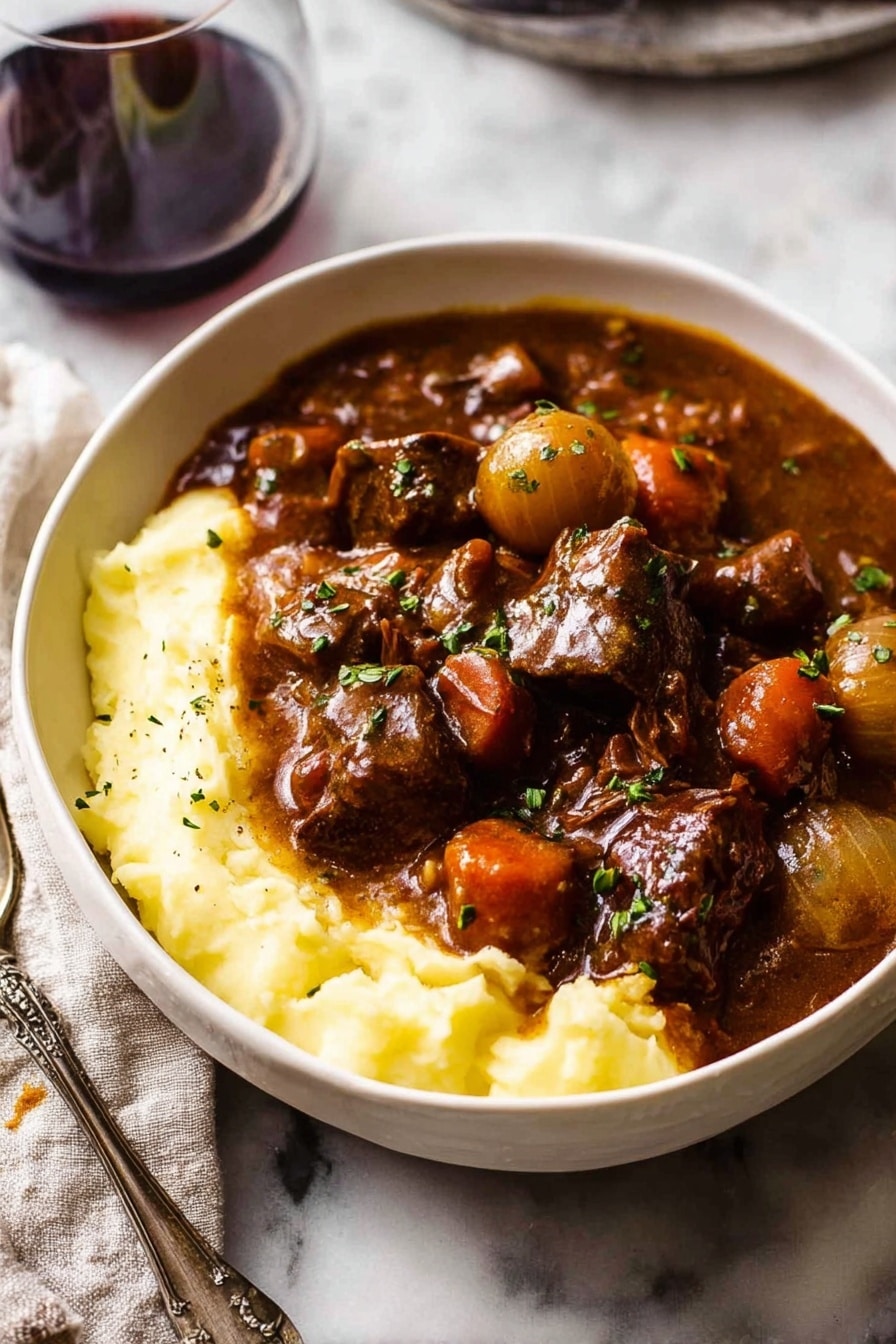 A white bowl filled with a thick layer of creamy mashed potatoes at the bottom, smooth and pale yellow in color. On top, there is a rich layer of dark brown beef stew with chunks of tender beef, orange carrot pieces, and small round light brown onions, all covered in a glossy, thick brown gravy. Small green herbs are sprinkled on top, adding a bit of color contrast. The background is a white marbled texture. Photo taken with an iphone --ar 2:3 --v 7 - Beef Bourguignon, Beef Burgundy, French beef stew, Slow cooker Beef Bourguignon, Classic French recipes