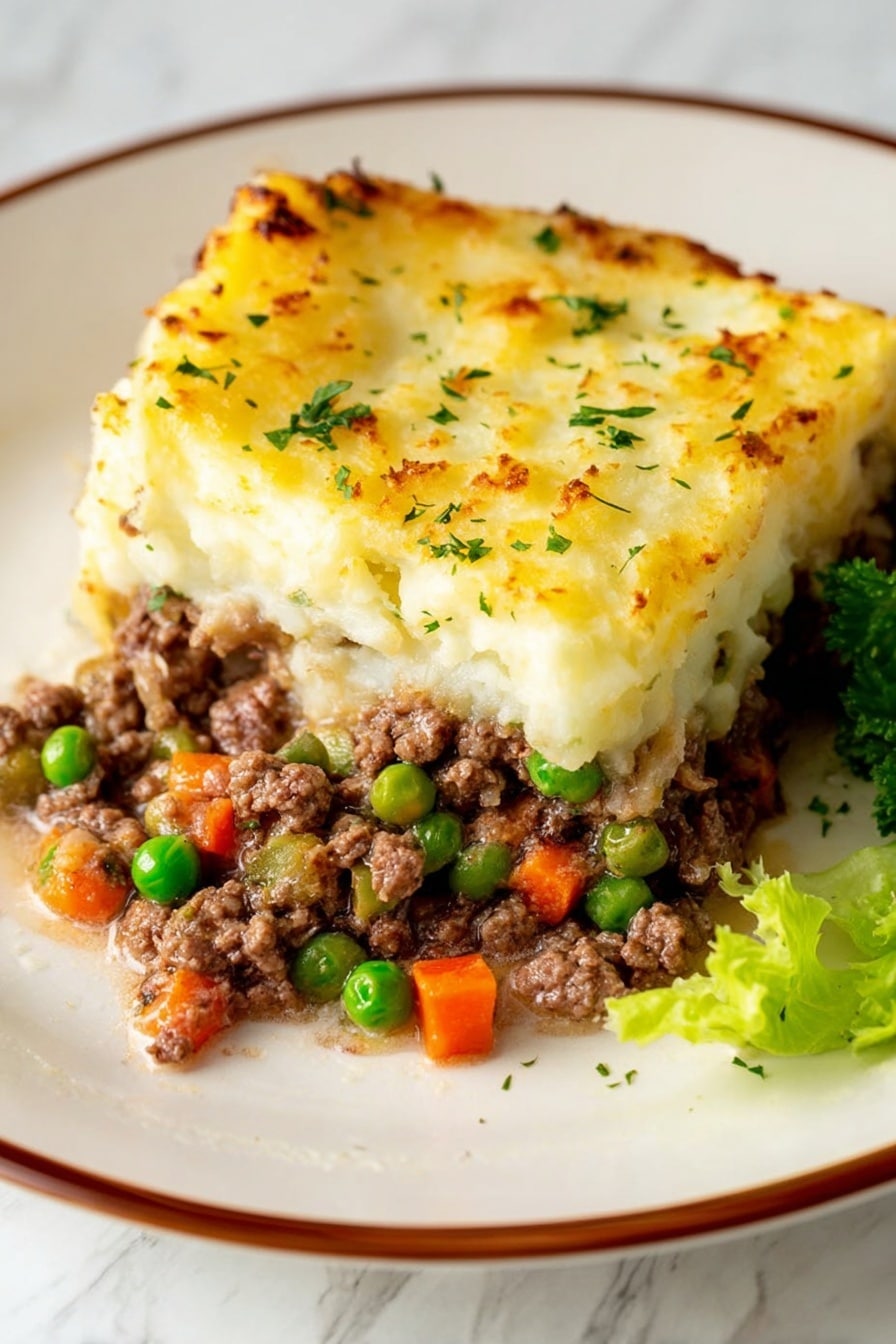 A slice of shepherd's pie on a white plate with a thin brown rim, placed on a white marbled surface. The dish has two main layers: the bottom layer is a mix of cooked minced meat with bright green peas and small orange carrot cubes, showing a moist and slightly crumbly texture. The top layer is a thick, smooth golden-yellow mashed potato topping with some browned spots from baking, sprinkled lightly with green parsley bits. A small green lettuce leaf is visible on the right edge of the plate. Photo taken with an iphone --ar 2:3 --v 7 - Classic Shepherd's Pie with Lamb or Beef, hearty shepherd's pie recipe, comforting meat and mashed potato casserole, rich gravy shepherd's pie, traditional shepherd's pie