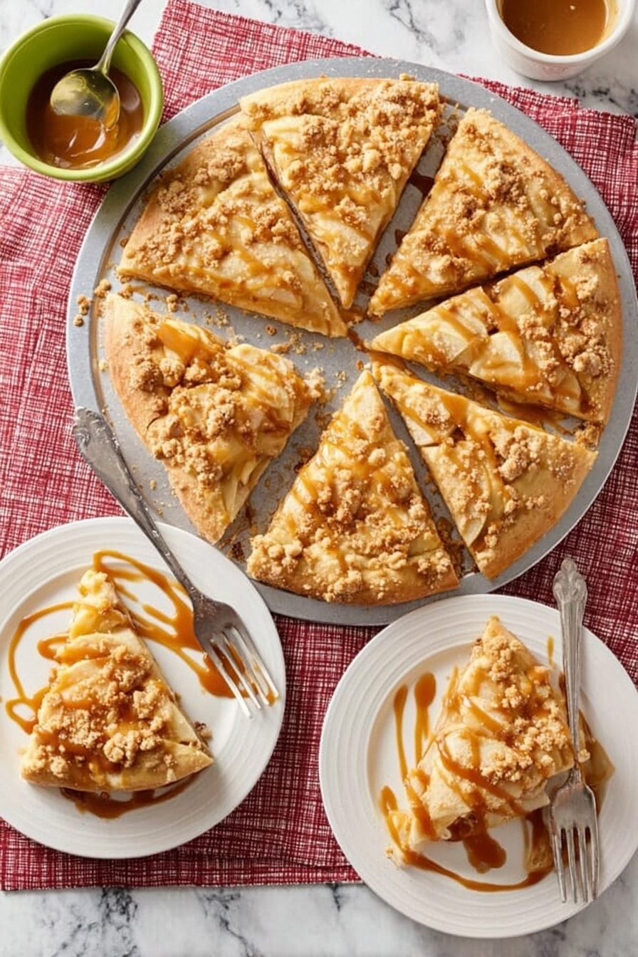 The image shows a round apple dessert pizza divided into seven slices on a silver tray placed on a white marbled surface over a red and white checkered cloth. The pizza has a light golden-brown crust with a base layer of apple slices arranged evenly in a circle. On top, there is a layer of crumbly streusel in small clumps and a thick drizzle of caramel sauce spread unevenly over the whole pizza. Two white plates each hold a single slice with caramel sauce drizzled on top, one plate has a fork beside the slice. A small green bowl filled with caramel sauce and a spoon rests near the pizza. The photo taken with an iphone --ar 2:3 --v 7 - Apple Pizza with Cinnamon Apples, Cream Cheese Topping, Streusel, apple dessert pizza, easy sweet pizza