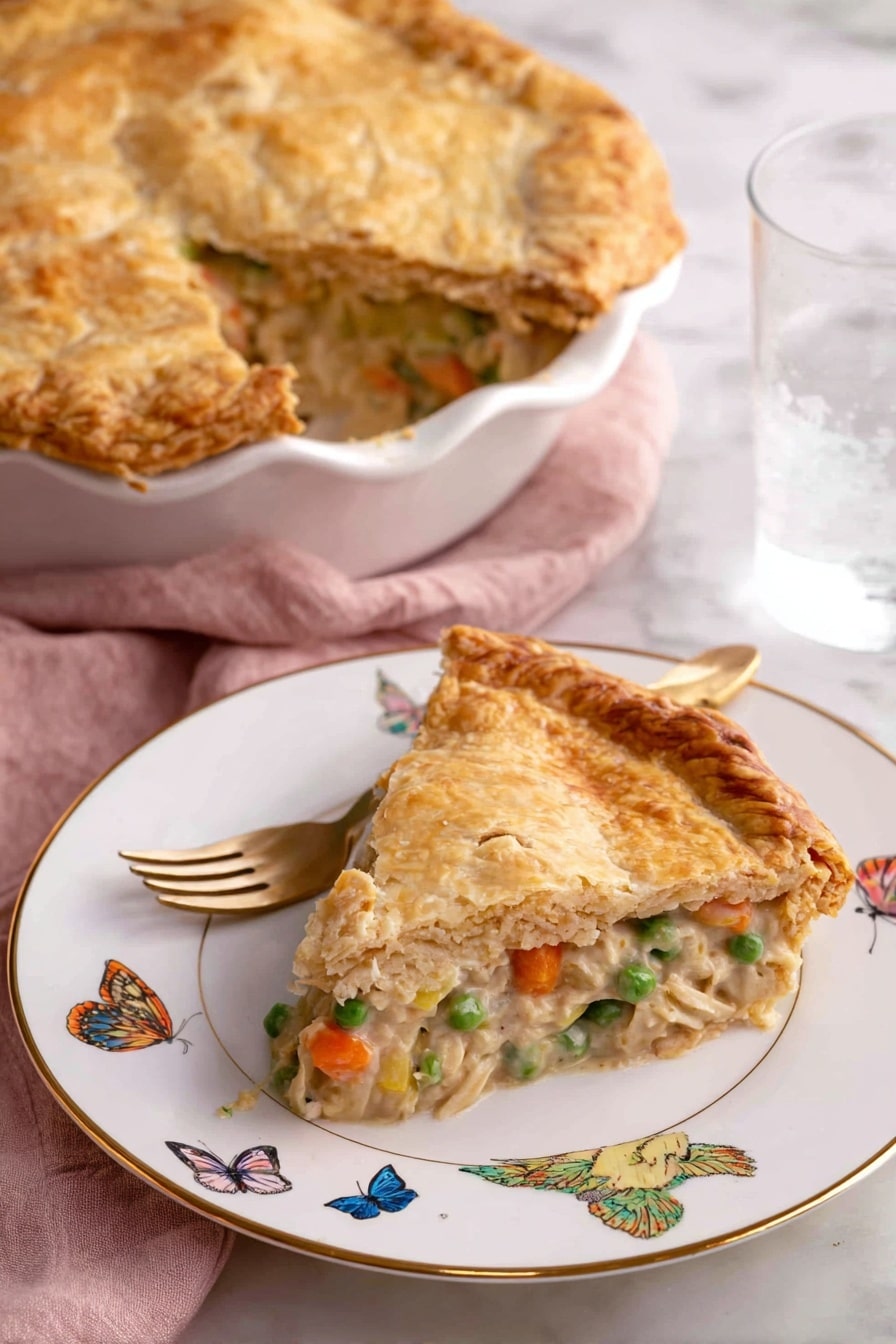 A whole golden brown pie sits centered on a white plate, featuring a crimped edge around the crust that is flaky and slightly puffed. The top layer crust has a rough texture with a few shallow slits forming a simple star-like shape in the center to let steam escape. The pie rests on a white marbled surface with a red and white striped cloth partially visible on the left and a metallic spoon on the right. Part of a stacked set of white plates with blue floral patterns is seen in the top right corner. Photo taken with an iphone --ar 2:3 --v 7 - Creamy Chicken Pot Pie, easy chicken pot pie, comforting chicken pie, homemade chicken pot pie, flaky crust chicken pie