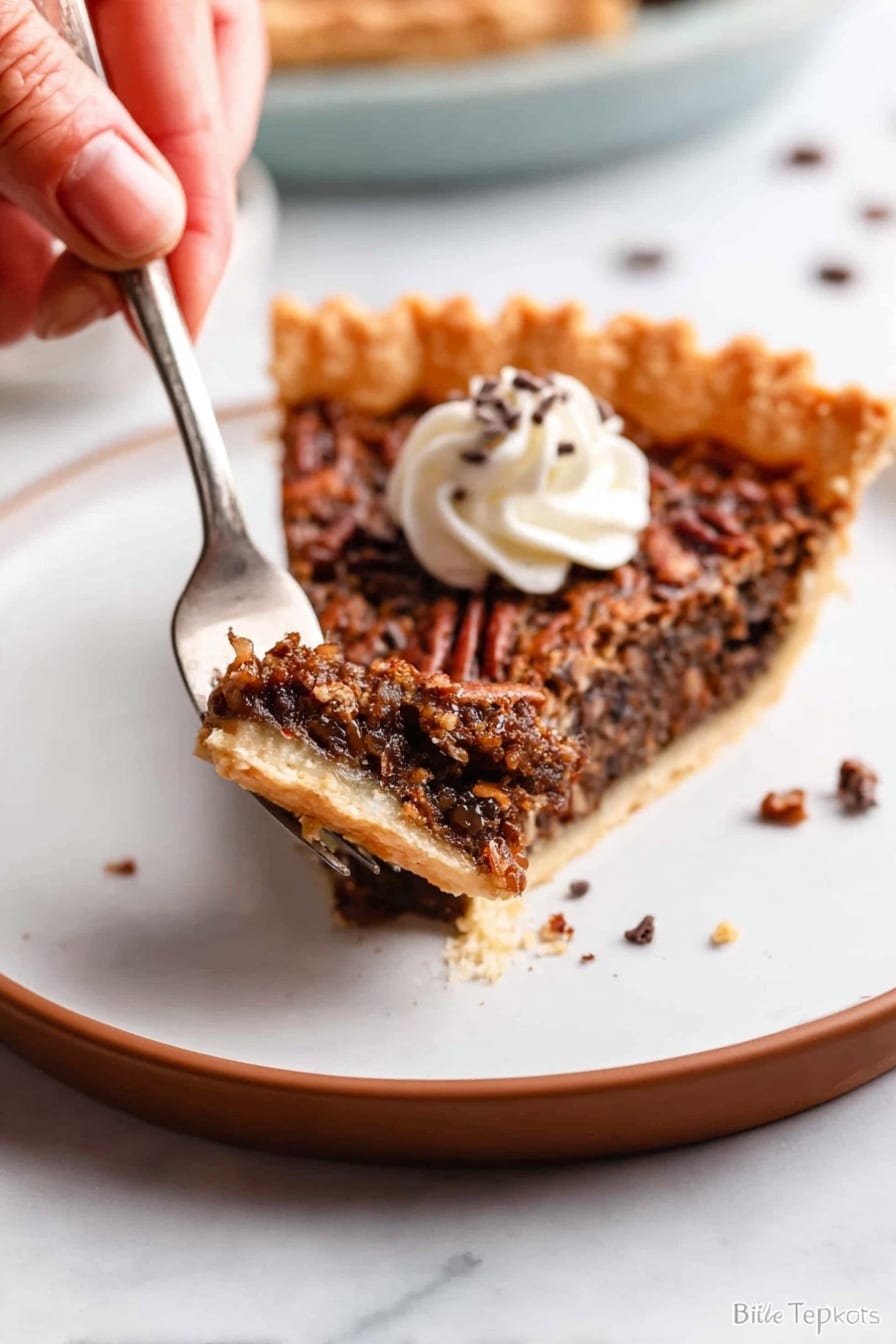 A slice of dark brown pecan pie with a golden crust sits on a white plate with a thin brown rim, placed on a white marbled surface. The pecan filling is textured and chunky, topped with a small swirl of white cream and tiny chocolate bits. A woman's hand holds a silver fork, lifting a piece of the pie with crust and filling visible. Photo taken with an iphone --ar 2:3 --v 7 - Chocolate Pecan Pie, decadent pecan pie with chocolate, easy chocolate pecan pie recipe, traditional Southern pecan pie with chocolate, gooey chocolate pecan pie