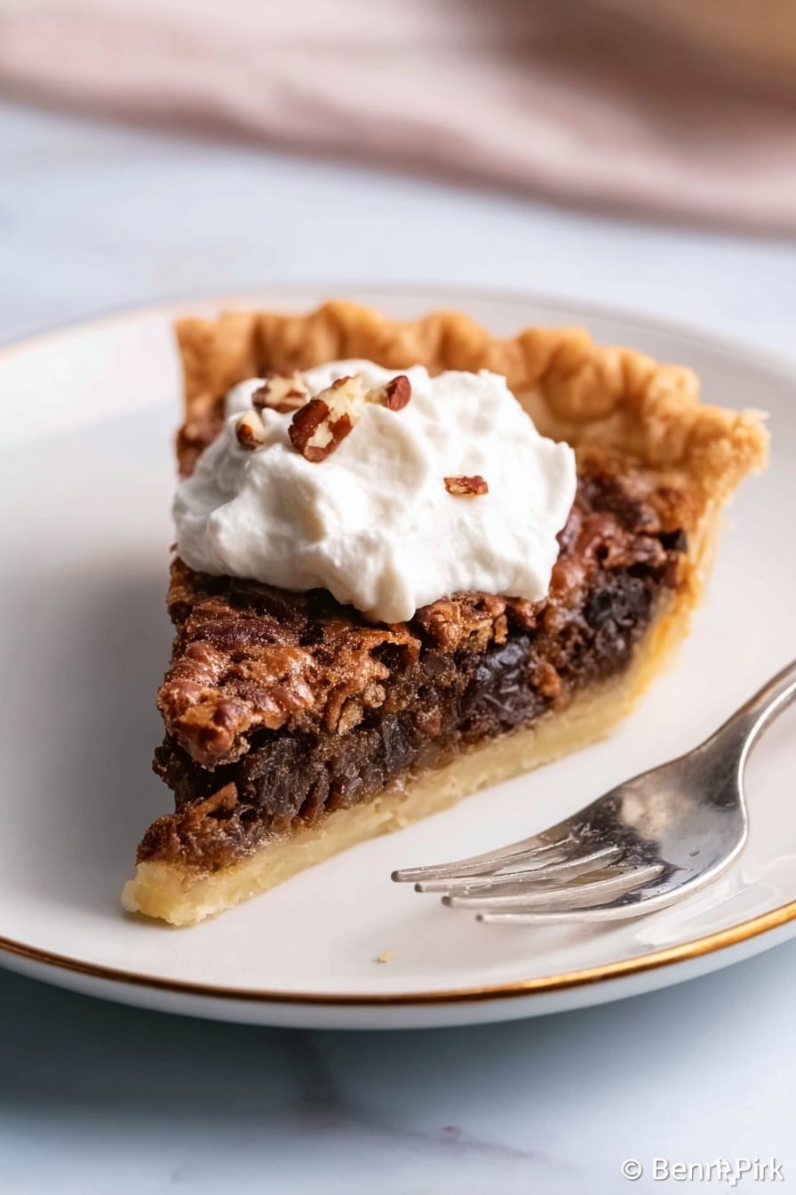 A single slice of pecan pie sits on a white plate with a thin gold rim, placed on a white marbled surface. The pie slice has three clear layers: a golden, thin crust at the base; a rich, dark brown filling with visible bits of pecans creating a crunchy texture in the middle; and a dollop of white whipped cream on top, sprinkled lightly with small pecan pieces. A woman's hand holds a fork near the plate, and the background is softly blurred with light tones. photo taken with an iphone --ar 2:3 --v 7 - Chocolate Pecan Pie, decadent pecan pie with chocolate, easy chocolate pecan pie recipe, traditional Southern pecan pie with chocolate, gooey chocolate pecan pie