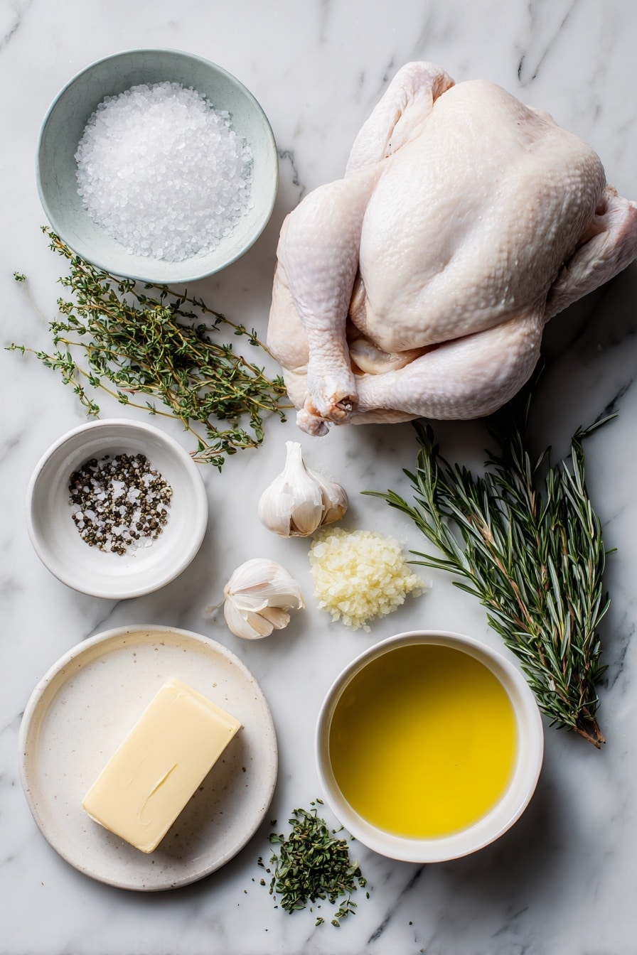 Flat lay of kosher salt crystals in a small white ceramic bowl, freshly ground black pepper in a small white bowl, a few sprigs of fresh rosemary minced beside fresh thyme leaves chopped, a whole stick of golden melted butter on a white ceramic dish, a small white bowl with glossy olive oil, two whole uncracked garlic cloves, all arranged with perfect symmetry and balanced proportions, placed on a clean white marble surface, soft natural light, photo taken with an iPhone, professional food photography style, fresh ingredients, white ceramic bowls, no bottles, no duplicates, no utensils, no packaging --ar 2:3 --v 7 --p awthu7i m7354615311229779997 - Perfect Roast Turkey, crispy roast turkey, juicy turkey recipe, holiday turkey, succulent roast turkey