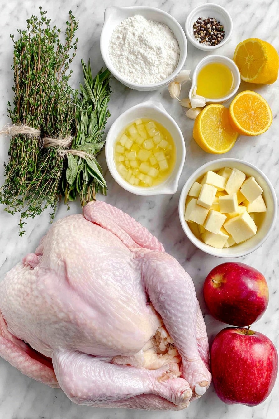 Flat lay of a whole defrosted raw turkey with pale pink skin, a large peeled and chopped yellow onion, ten whole unpeeled garlic cloves scattered nearby, a large bright orange cut into chunks, a large yellow lemon cut into chunks, a large red apple cut into pieces, a fresh bundle of green thyme and rosemary sprigs tied together, a small white ceramic bowl filled with golden pure maple syrup, a small white ceramic bowl holding soft salted butter cubes, a small white ceramic bowl containing pale all-purpose flour, a small white ceramic bowl with clear golden chicken broth, a small white ceramic bowl filled with coarse white salt, and a small white ceramic bowl with ground black pepper, all arranged with perfect symmetry and balanced proportions placed on a clean white marble surface, soft natural light, photo taken with an iPhone, professional food photography style, fresh ingredients, white ceramic bowls, no bottles, no duplicates, no utensils, no packaging --ar 2:3 --v 7 --p awthu7i m7354615311229779997 - Maple Glazed Roast Turkey, holiday turkey recipe, sweet-savory turkey, juicy roasted turkey, festive turkey dinner