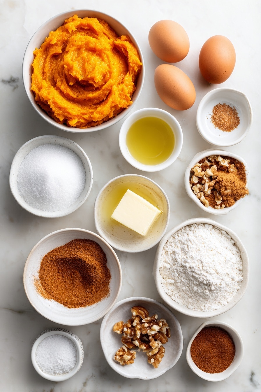 Flat lay of a small white bowl filled with bright orange pumpkin puree, a few tablespoons of melted golden salted butter in a small white bowl, a small white bowl heaped with light brown sugar, another small white bowl with white granulated sugar, two whole uncracked brown eggs, a small white bowl holding clear vanilla extract, a small white bowl with white all-purpose flour, a small white bowl containing warm-toned pumpkin pie spice, a small white bowl with ground cinnamon, a small white bowl of baking powder, a small white bowl of fine sea salt, and a small white bowl with mixed chocolate chips, cinnamon chips, and walnut pieces, all arranged symmetrically on a clean white marble surface, soft natural light, photo taken with an iPhone, professional food photography style, fresh ingredients, white ceramic bowls, no bottles, no duplicates, no utensils, no packaging --ar 2:3 --v 7 --p awthu7i m7354615311229779997 - Fluffy Pumpkin Muffins with Warm Spices, pumpkin muffin recipe, autumn pumpkin muffins, cozy fall muffins, soft pumpkin spice muffins