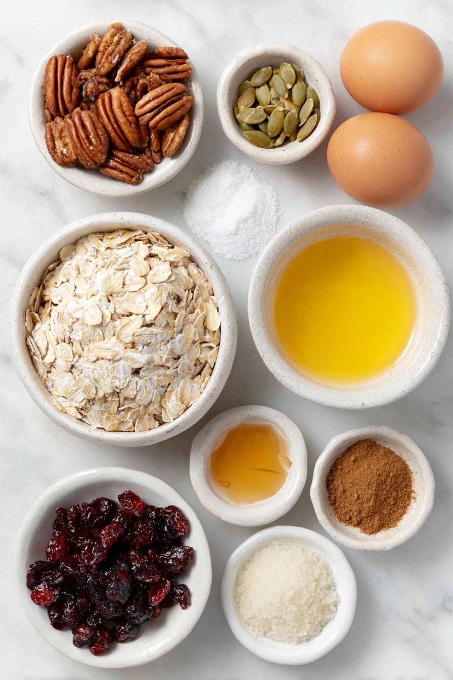Flat lay of a small heap of old-fashioned whole rolled oats, a small mound of unsweetened shredded coconut flakes, a handful of raw pepitas (pumpkin seeds), a small pile of halved pecans, a small white ceramic bowl filled with ground cinnamon powder, another small white ceramic bowl with pumpkin pie spice powder, a tiny pinch of salt beside them, two whole clean uncracked brown eggs, a small white ceramic bowl holding melted coconut oil, a small white ceramic bowl with bright orange pumpkin puree, a small white ceramic bowl of amber pure maple syrup, a small white ceramic bowl of light brown packed brown sugar, a small white ceramic bowl containing clear vanilla extract, and a small pile of vibrant dried cranberries, all arranged in perfect symmetry on a clean white marble surface, soft natural light, photo taken with an iPhone, professional food photography style, fresh ingredients, white ceramic bowls, no bottles, no duplicates, no utensils, no packaging --ar 2:3 --v 7 --p awthu7i m7354615311229779997 - Pumpkin Spice Granola with Cranberries, fall breakfast ideas, healthy breakfast recipes, homemade granola, cozy autumn treats
