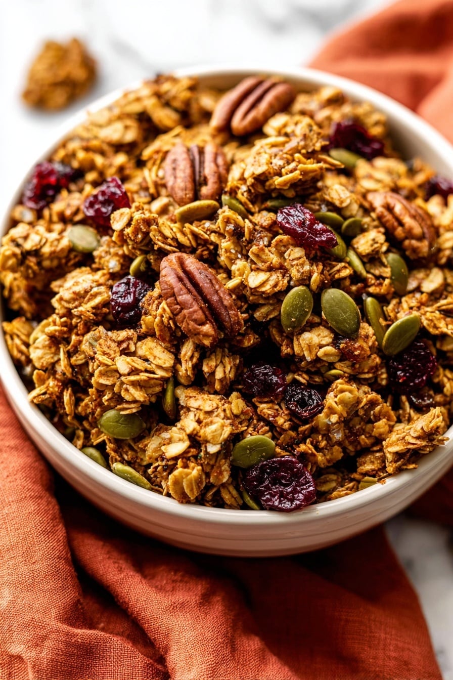 A close-up view of a white bowl filled with chunky granola clusters that have a golden-brown color and rough texture, mixed with whole pecans that are dark brown and ridged, green pumpkin seeds scattered throughout, and small pieces of deep red dried cranberries. The bowl is placed on top of a folded burnt orange cloth on a white marbled surface. photo taken with an iphone --ar 2:3 --v 7 - Pumpkin Spice Granola with Cranberries, fall breakfast ideas, healthy breakfast recipes, homemade granola, cozy autumn treats