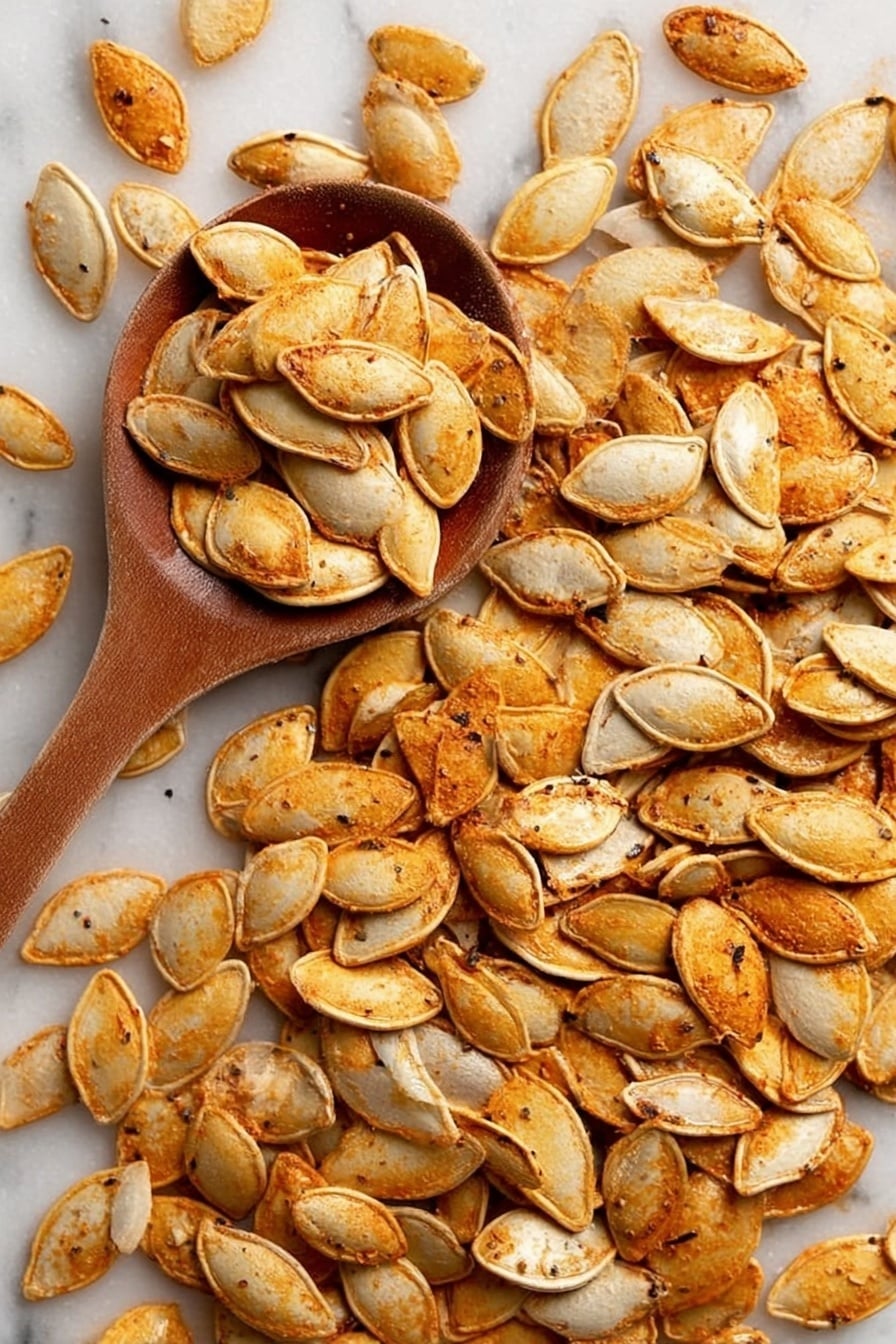 The image shows a big group of roasted pumpkin seeds spread flat on a white marbled surface, with some seeds showing a light brown, crispy outer layer and others a paler, smoother inner side. In the middle left, a wooden spoon filled with more roasted seeds rests on top of the pile, its curved shape contrasting with the many flat seeds beneath. The seeds have a rough texture and are a mix of golden brown and light cream colors, with some dark specks hinting at seasoning photo taken with an iphone --ar 2:3 --v 7 - Spicy Roasted Pumpkin Seeds, spicy pumpkin seed snack, roasted pumpkin seeds recipe, spicy pumpkin seeds, healthy pumpkin seed snack