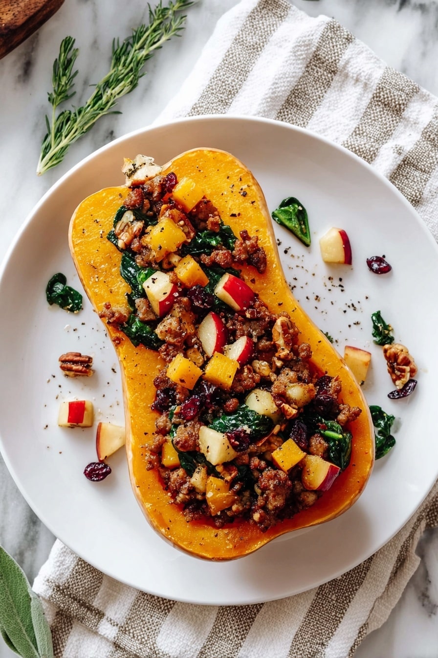 A white plate with a halved roasted butternut squash as the base layer, its skin light tan with a soft orange inside, placed in the center. On top is a mix of crumbled brown cooked sausage, small cubes of yellow and red apple, green wilted spinach leaves, and pieces of pecans scattered throughout. Small dark red dried cranberries are mixed in, adding pops of color. The dish is lightly seasoned with visible black pepper flakes. Around the plate, fresh green herb sprigs add a touch of freshness, and the background shows a white marbled surface with a striped cream and gray cloth underneath the plate. photo taken with an iphone --ar 2:3 --v 7 - Apple Sausage Stuffed Butternut Squash, stuffed butternut squash with sausage and apples, healthy fall dinner recipes, cozy stuffed squash, easy autumn squash dishes