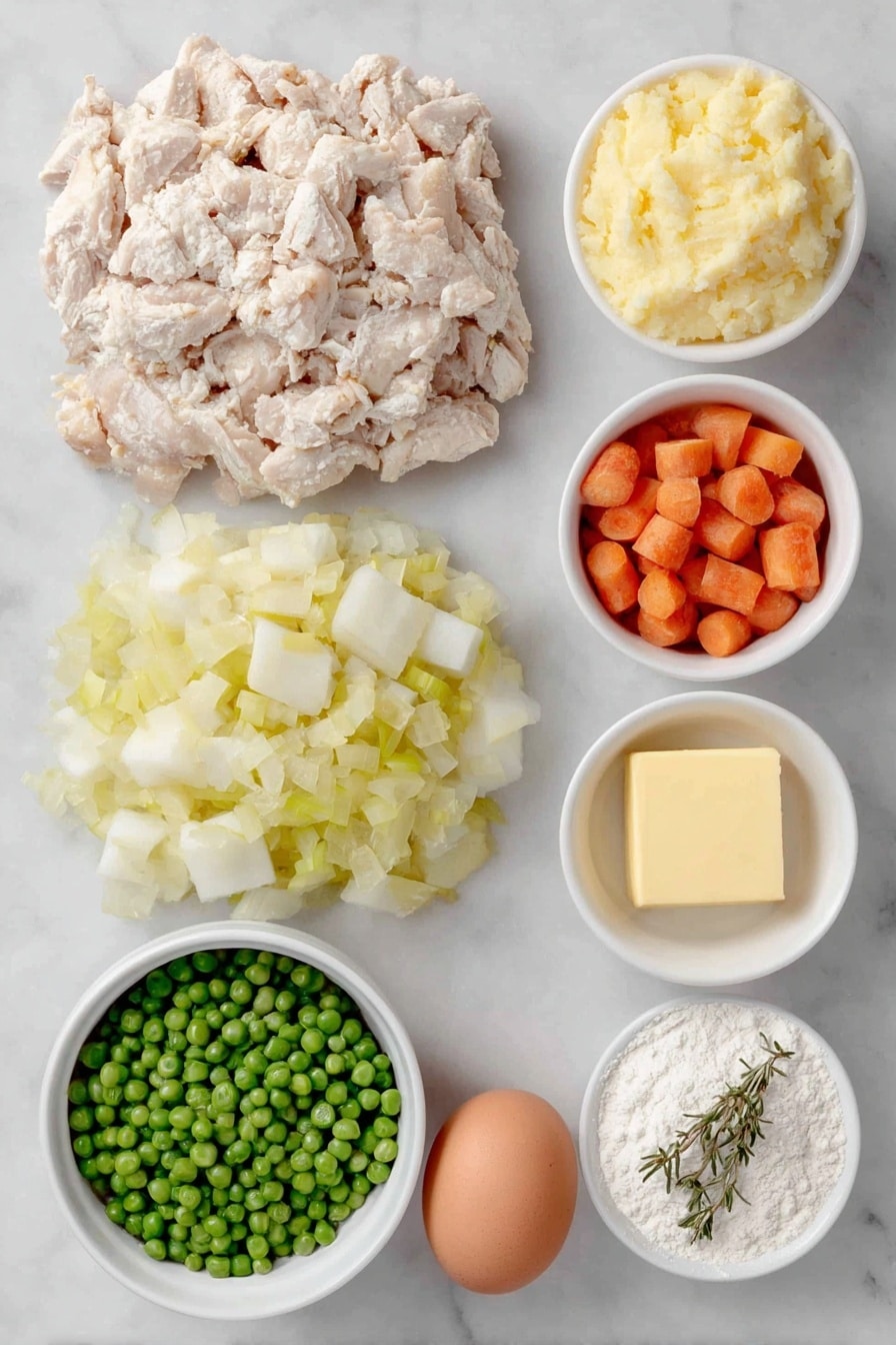 Flat lay of a small mound of diced cooked chicken with natural browned edges, a neat pile of chopped yellow onion with bright, translucent layers, a heap of chopped celery stalks in fresh light green, a cluster of chopped orange carrot cubes, a small pile of diced white-fleshed potato with clean edges, a small white bowl filled with fresh green peas, a small white bowl of golden unsalted butter chunks, a small white bowl holding fine white all-purpose flour, a small white bowl containing pale beige flour dusted with dried thyme and rosemary herbs, a smooth whole brown egg with a clean shell, and a small white bowl of clear chicken stock — all arranged with perfect symmetry and realistic proportions on a simple white ceramic surface, placed on a clean white marble surface, soft natural light, photo taken with an iPhone, professional food photography style, fresh ingredients, white ceramic bowls, no bottles, no duplicates, no utensils, no packaging --ar 2:3 --v 7 --p awthu7i m7354615311229779997 - Handheld Chicken Pot Pie, portable chicken pot pie, flaky chicken pie, individual chicken pot pie, handheld savory pies