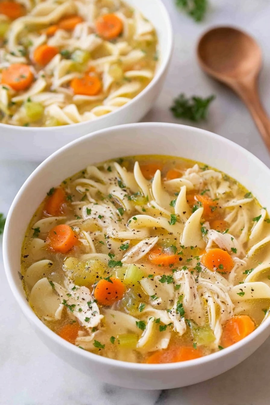 The image shows a white bowl filled with chicken noodle soup placed on a white marbled surface. The soup has a golden clear broth with visible ingredients including thick curly egg noodles, bright orange carrot slices, pale green celery pieces, and white shredded chicken. The ingredients float evenly in the broth, sprinkled with small bits of green parsley and a few black pepper specks on top. In the background, another white bowl of the same soup is slightly out of focus, and a wooden spoon rests beside it. The colors are warm and inviting, and the texture of the soup looks smooth with chunky vegetable and meat pieces. photo taken with an iphone --ar 2:3 --v 7 - Easy Crockpot Chicken Noodle Soup, slow cooker chicken noodle soup, comforting chicken soup recipes, easy chicken noodle dinner, hearty slow cooker soups