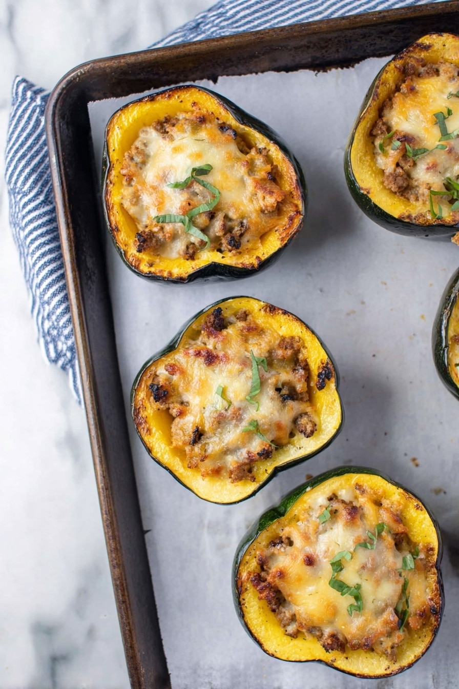 The image shows four pieces of stuffed acorn squash, each cut in half and arranged on a baking tray lined with white parchment. Each squash half is filled with a mixture that has a browned ground meat base layered with melted, slightly browned cheese on top. Small green herb leaves are scattered over the cheese for garnish. The squash's outer skin is dark green, and the inner flesh is bright yellow-orange and soft. The tray sits on a cloth with blue and white stripes, all placed on a white marbled surface. photo taken with an iphone --ar 2:3 --v 7 - Stuffed Acorn Squash with Turkey and Apples, acorn squash stuffed with turkey and apples, fall comfort food recipes, healthy stuffed squash, easy autumn dinner ideas