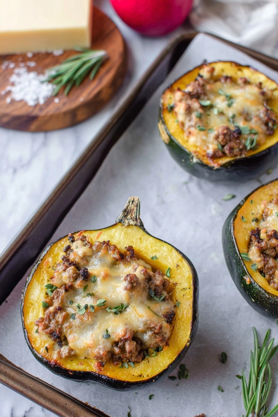 The image shows three halves of acorn squash stuffed with a mixture of cooked ground meat and onions, topped with melted, slightly browned cheese and small green herb leaves scattered on top. Each squash half has a smooth, dark green outer skin and a bright yellow-orange flesh that forms the base layer holding the filling. The squash halves are placed on a baking sheet lined with white parchment paper, set on a white marbled surface. In the background, there is a wooden board with a block of cheese, some coarse salt, a sprig of rosemary, and a red apple partly visible near the edge of the frame. photo taken with an iphone --ar 2:3 --v 7 - Stuffed Acorn Squash with Turkey and Apples, acorn squash stuffed with turkey and apples, fall comfort food recipes, healthy stuffed squash, easy autumn dinner ideas